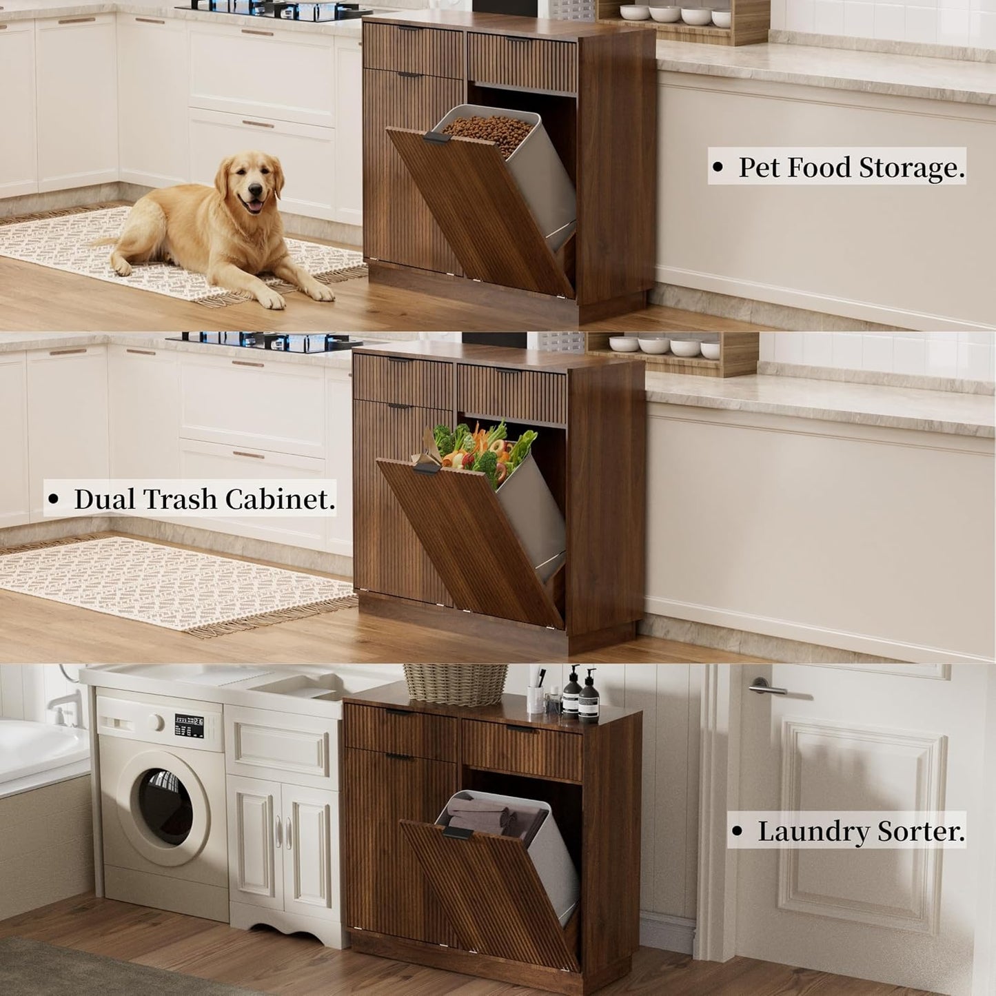 Double Tilt-Out Trash Cabinet, Laundry Hamper Cabinet with 2 Drawers, 39.4W x 34.3H x 13.8D inches, Walnut, Wave-Textured Front.