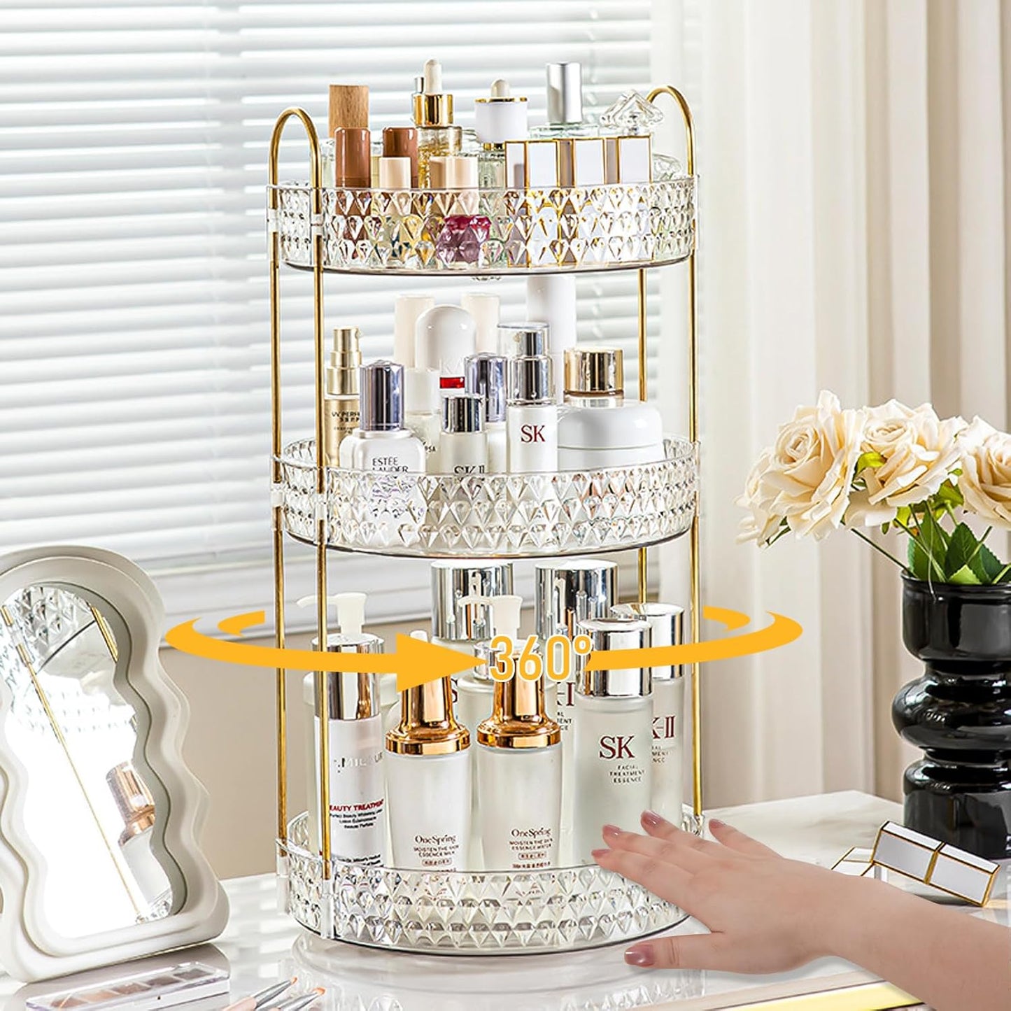 Rotating Makeup Organizer for Vanity, 3 Tier Perfume Skincare Storage for Women, Bathroom Counter Organizer, 360 Spinning Cosmetic Holder for Dresser Countertop, Clear