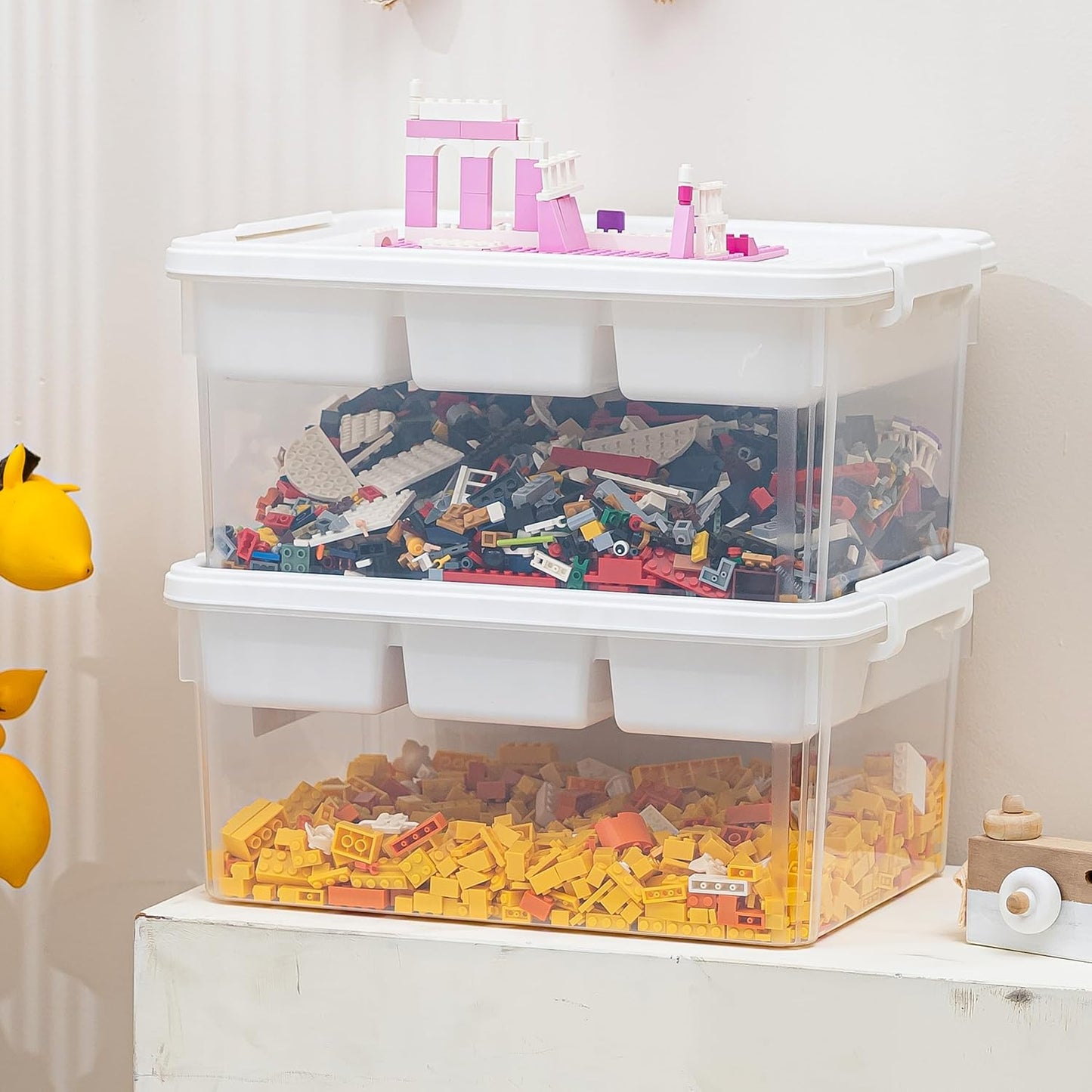 Citylife 17 QT Storage Bins with Building Baseplate Lid and Removable Tray Large Plastic Storage Bins Lego Organizers and Storage Bead, Tool, Sewing, 4 Packs