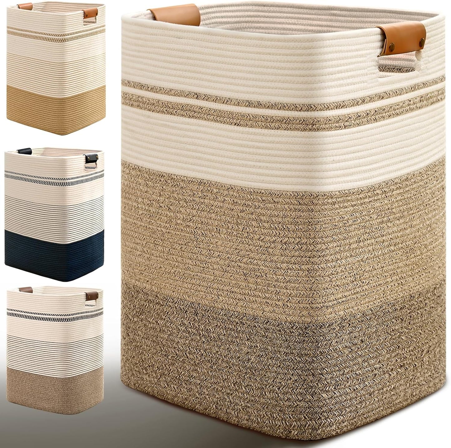 Laundry Hamper, 85L Tall Laundry Basket with Leather Handles, Rectangle Large Clothes Hamper for Organizing, Cotton Woven Laundry Baskets Storage Hampers for Bedroom, Nursery, Living Room