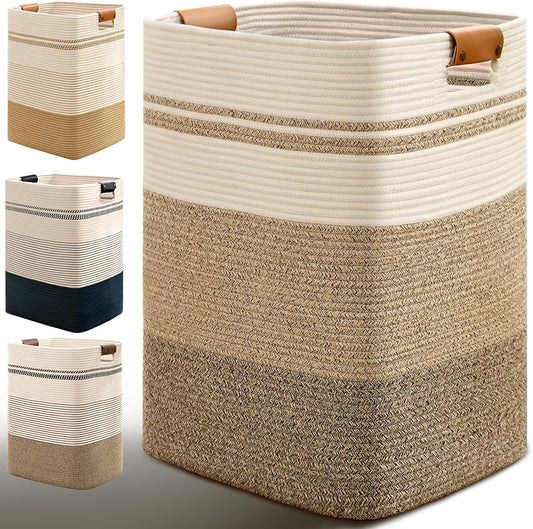 Laundry Hamper, 85L Tall Laundry Basket with Leather Handles, Rectangle Large Clothes Hamper for Organizing, Cotton Woven Laundry Baskets Storage Hampers for Bedroom, Nursery, Living Room