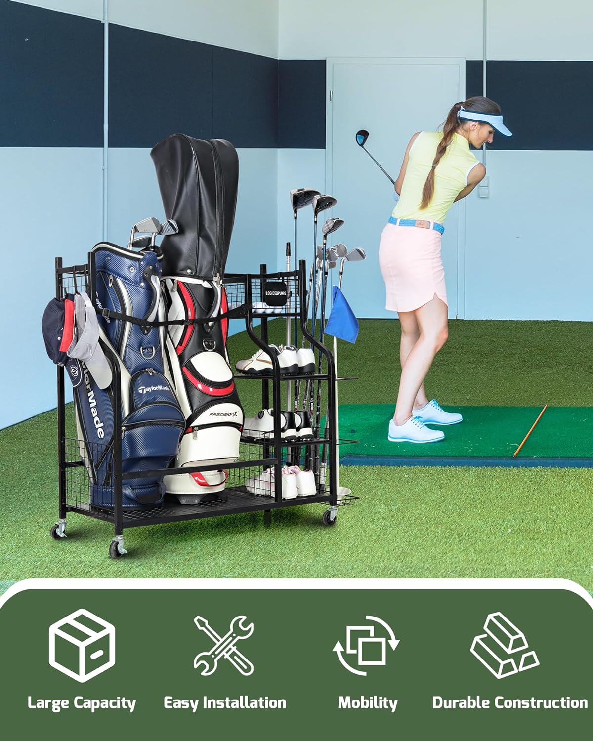 Golf Bag Storage Organizer Rack for Garage, 2 Golf Bag Stand with Rolling Wheels, Heavy-Duty Metal Golf Equipment Organizer for Home, Garage, Clubhouse