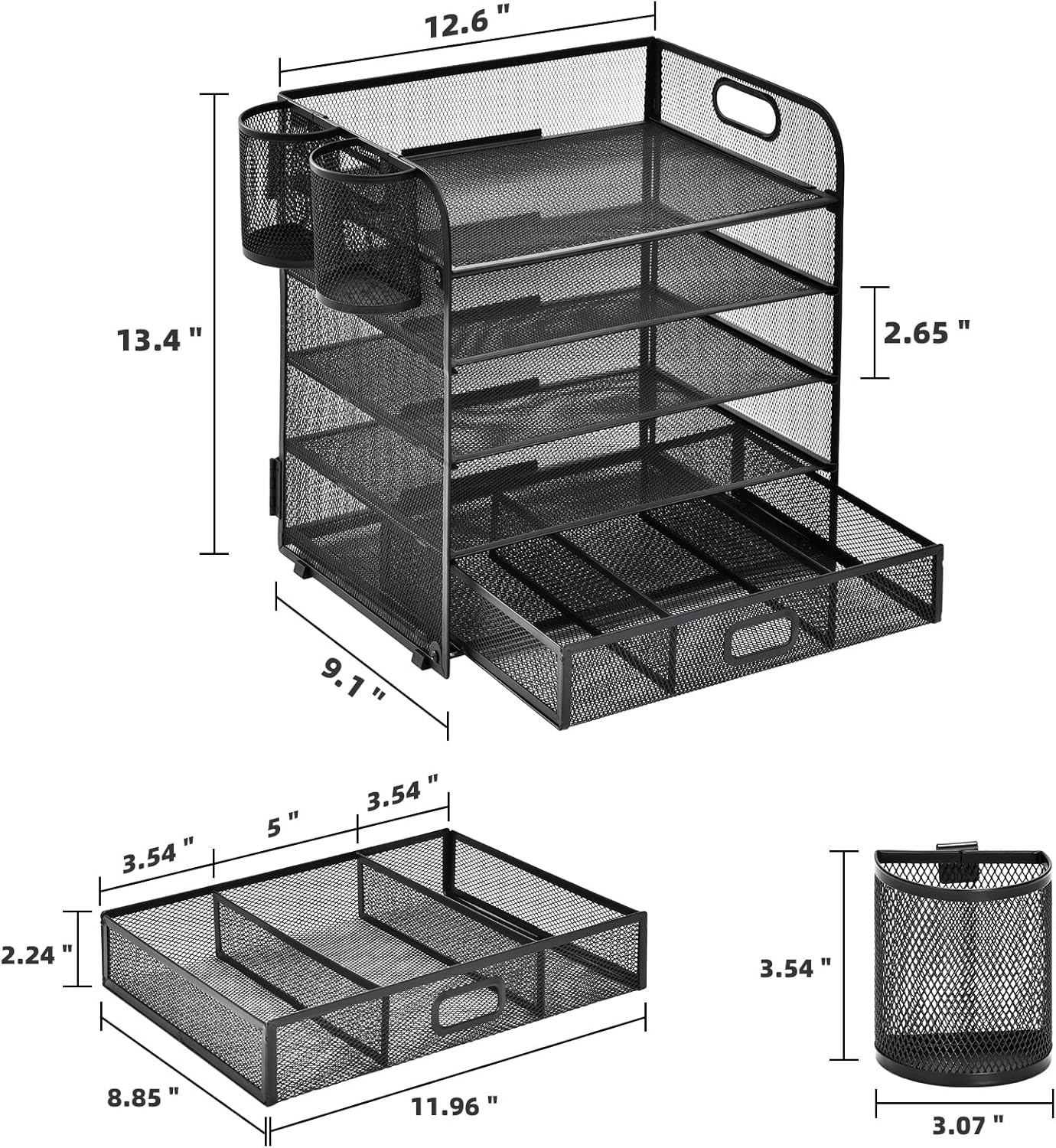 Lavatino 5 Tier Paper Organizer for Desk, Letter Tray with Drawer and 2 Pen Holders, Mesh File Sorter, Desktop Document Shelf Storage Organization Office School Home Black With Drawer