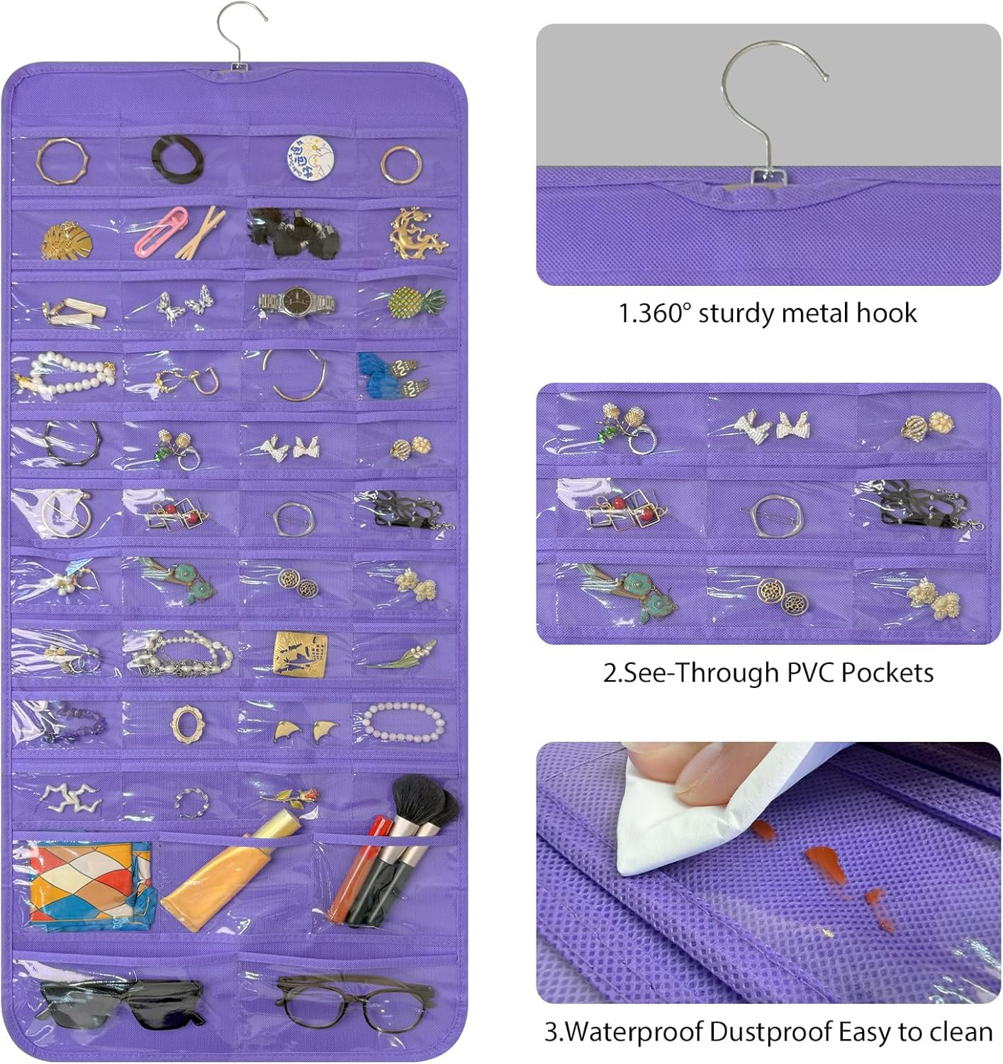 Bloss Hanging Jewelry Organizer With 90 Pockets,Earring Holder Organizer Storage For Valentine's Day Gift,Double-Sided Jewelry Holder for Earrings, Necklaces, Rings on Closet,Wall,Door(Purple)