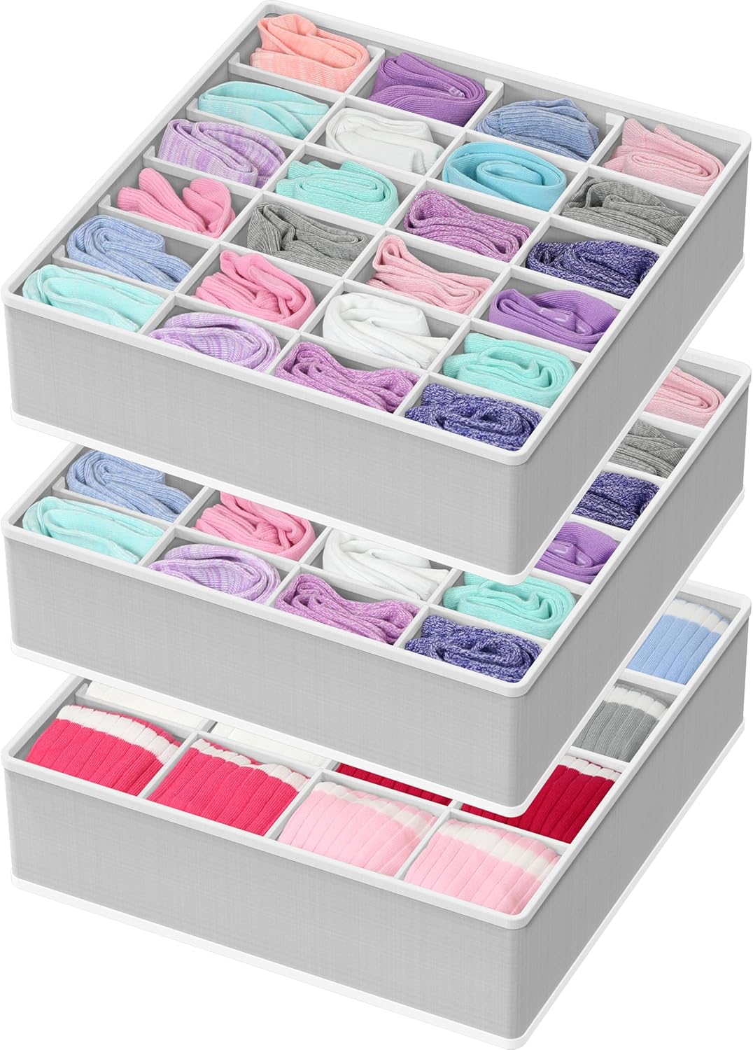 Simple Houseware Sock Drawer Organizer for Dresser/Closet/Bedroom, 3 Pack, Gray