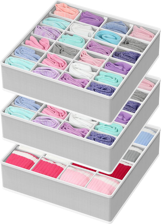 Simple Houseware Sock Drawer Organizer for Dresser/Closet/Bedroom, 3 Pack, Gray
