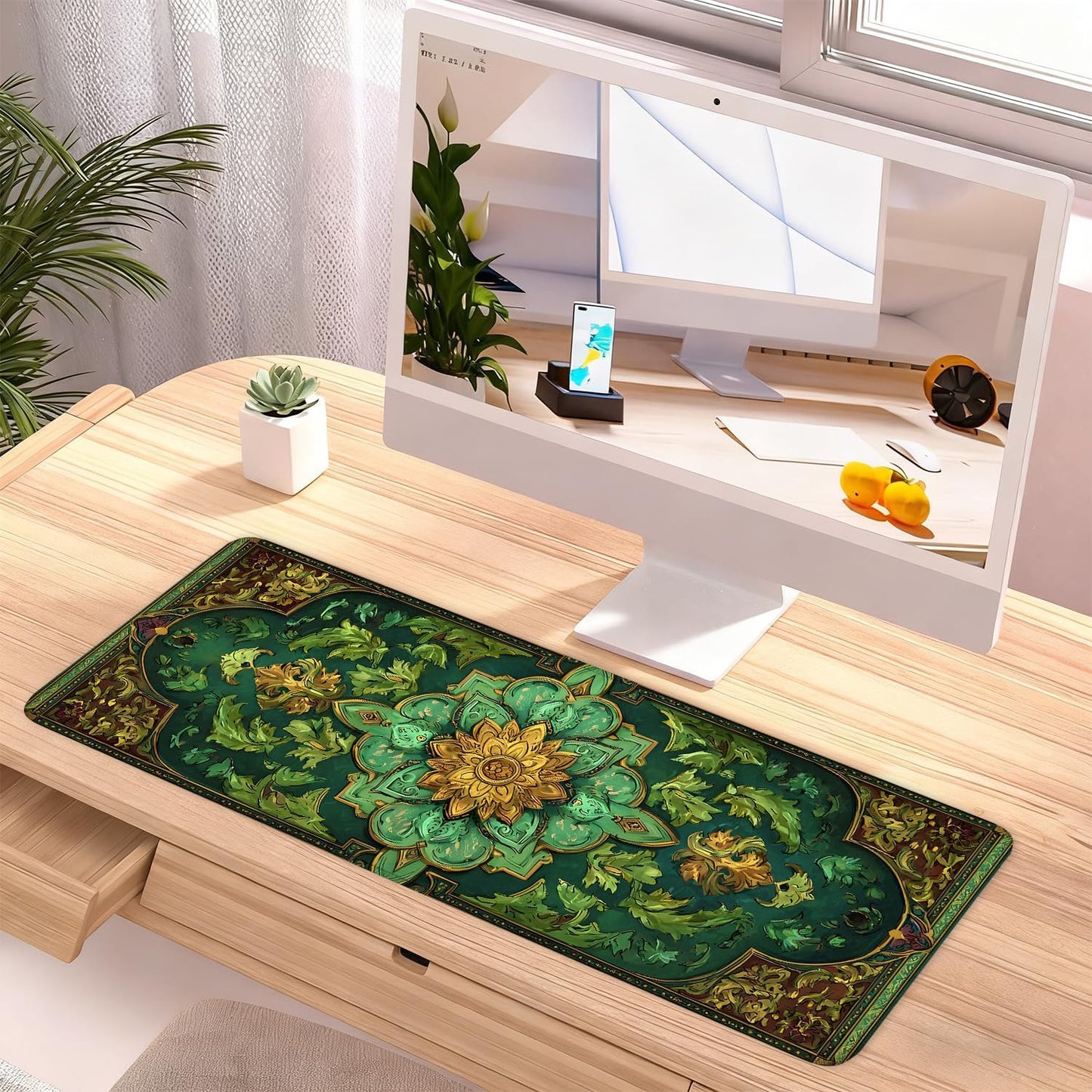 Green Vintage Floral Mouse Pad – Large Extended Desk Mat 31.5 x 11.8 in– Ornate Oriental Carpet Design with Gold & Emerald Motif, Keyboard & Mouse Pad for Office & Home