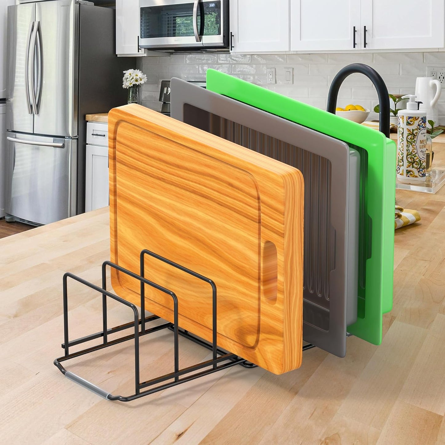 Adjustable 2.2in Pan Organizer Rack - for Pots,Pans,Cutting Boards,Cookie Sheets & Muffin Pans with 6 Slots,Non-Slip-8.7 * 6.8 * 5.5 inch