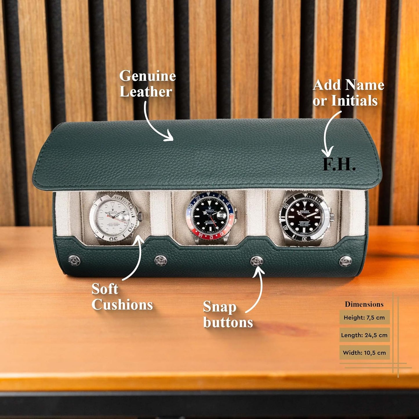 DailyWatch | Personalized Watch Roll Travel Case For 3 Watches - Handmade Genuine Leather Travel Case With Custom Engraving of Name or Initials - Dark Green Litchi