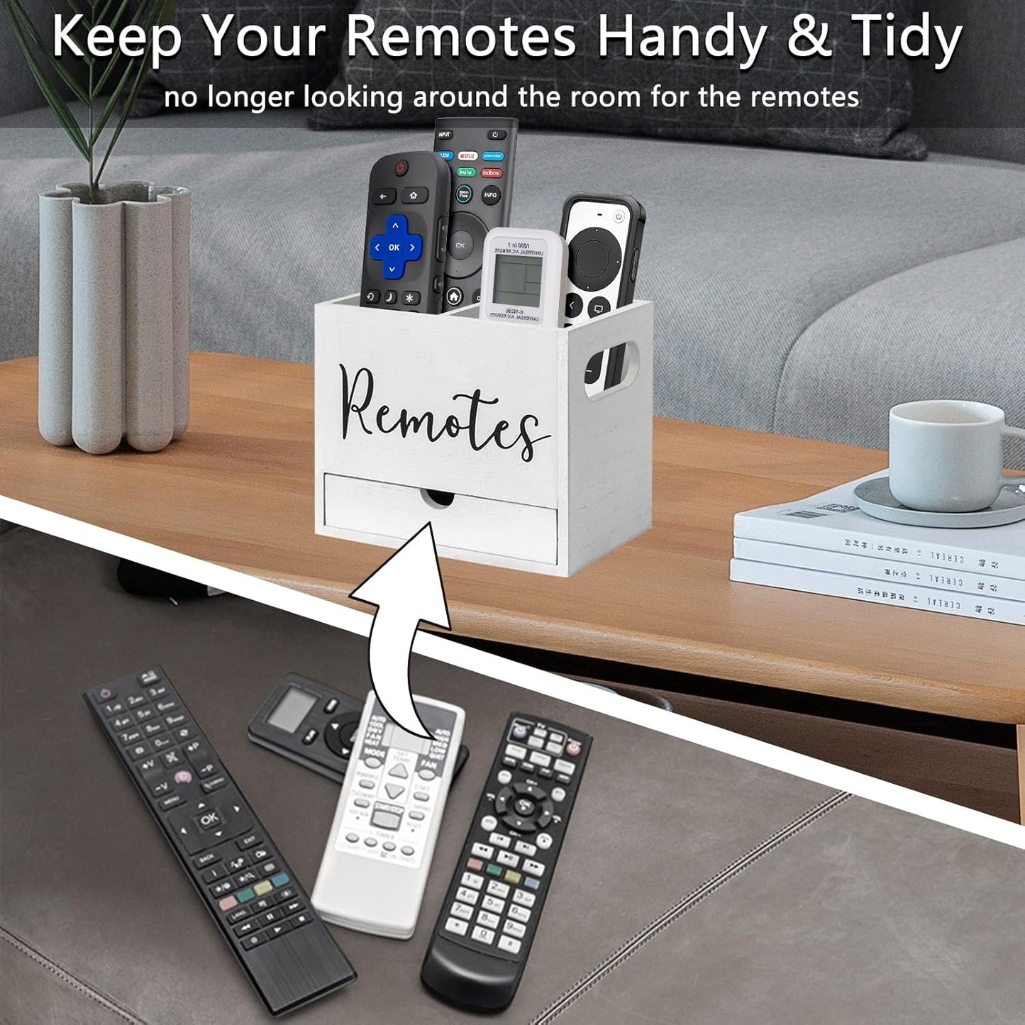 Remote Control Holder, 2 Slot TV Remote Holder& Desk Organizer with Drawers, Remote Organizer Caddy for Table, Wooden Remote Box for Nightstand,Media Storage Box for Living Room, Bed (White)