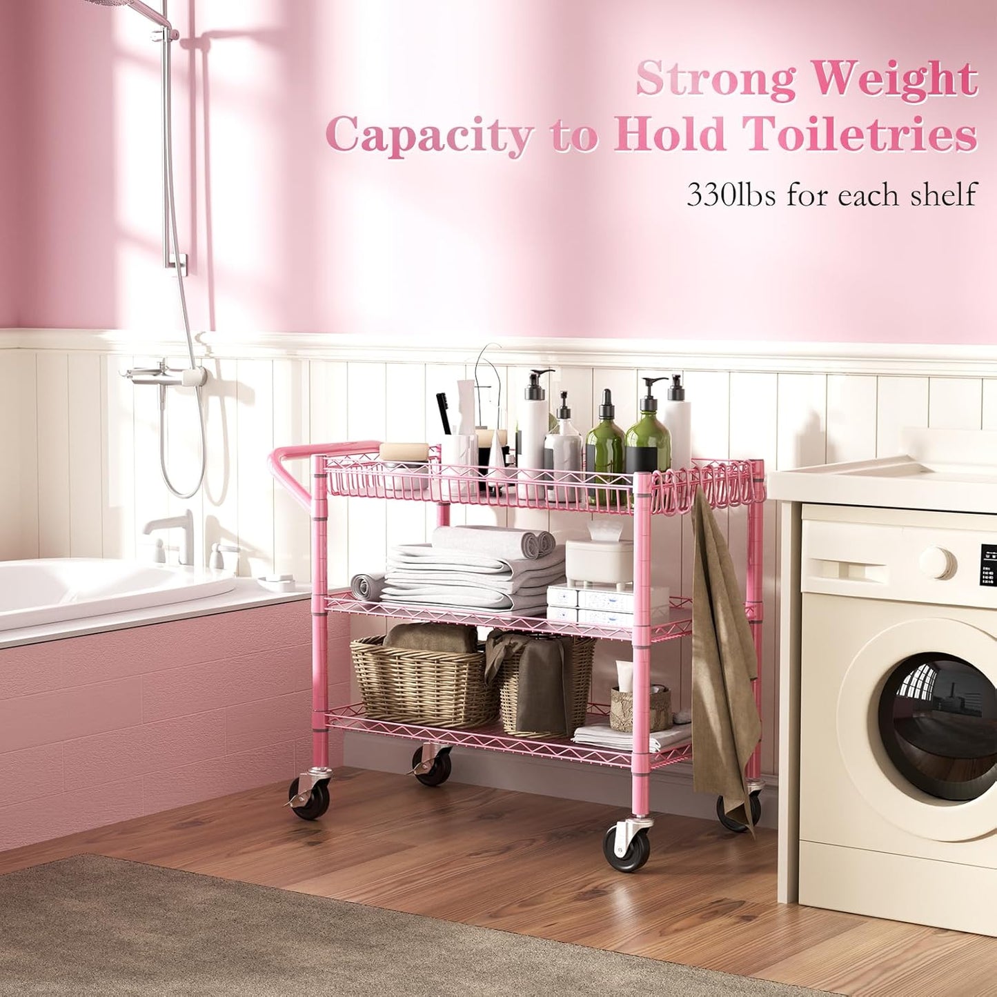 NTE Utility Cart with Wheels, 990lbs Capacity Metal 3 Tier Rolling Carts, NSF Kitchen Carts On Wheels with Storage, Heavy Duty Utility Cart with Handle & Wire Shelf for Indoor & Outdoor Use, Pink