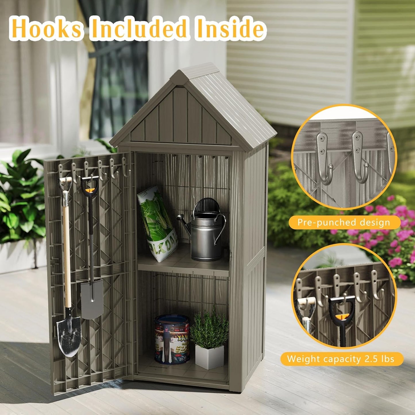 Storage Shed Outdoor,Waterproof Resin Garden Tool Shed, Heavy-Duty Weather-Resistant Cabinet for Patio, Backyard, or Garage (Grey)