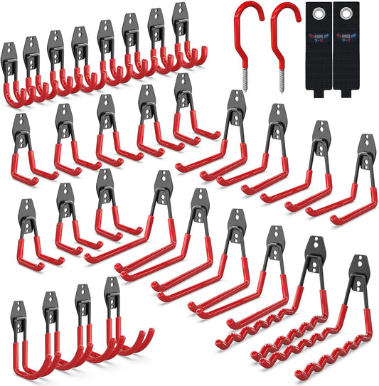 3-H Garage Wall Hooks 34 Pack, Garage Hooks Heavy Duty with Extra Welding Spots, Garage Organizer for Garden, Lawn, Chairs, Ladders, WeedEater, Shovel (Red)