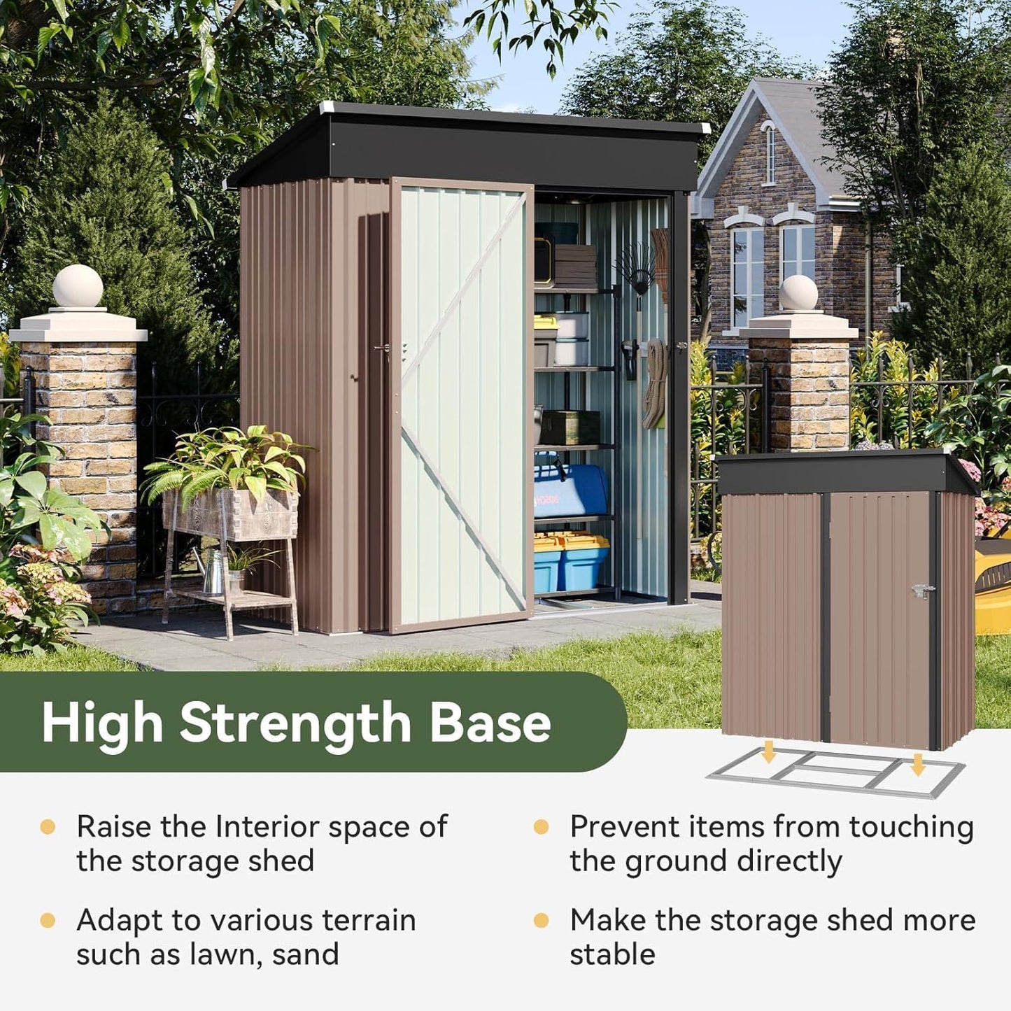 Aoxun 5’ x 2.9’ Shed Outdoor Storage Shed with Base Frame & Lockable Doors & Slooping Roof Metal Garden Tool Shed for Backyard, Patio, Poolside (Brown)