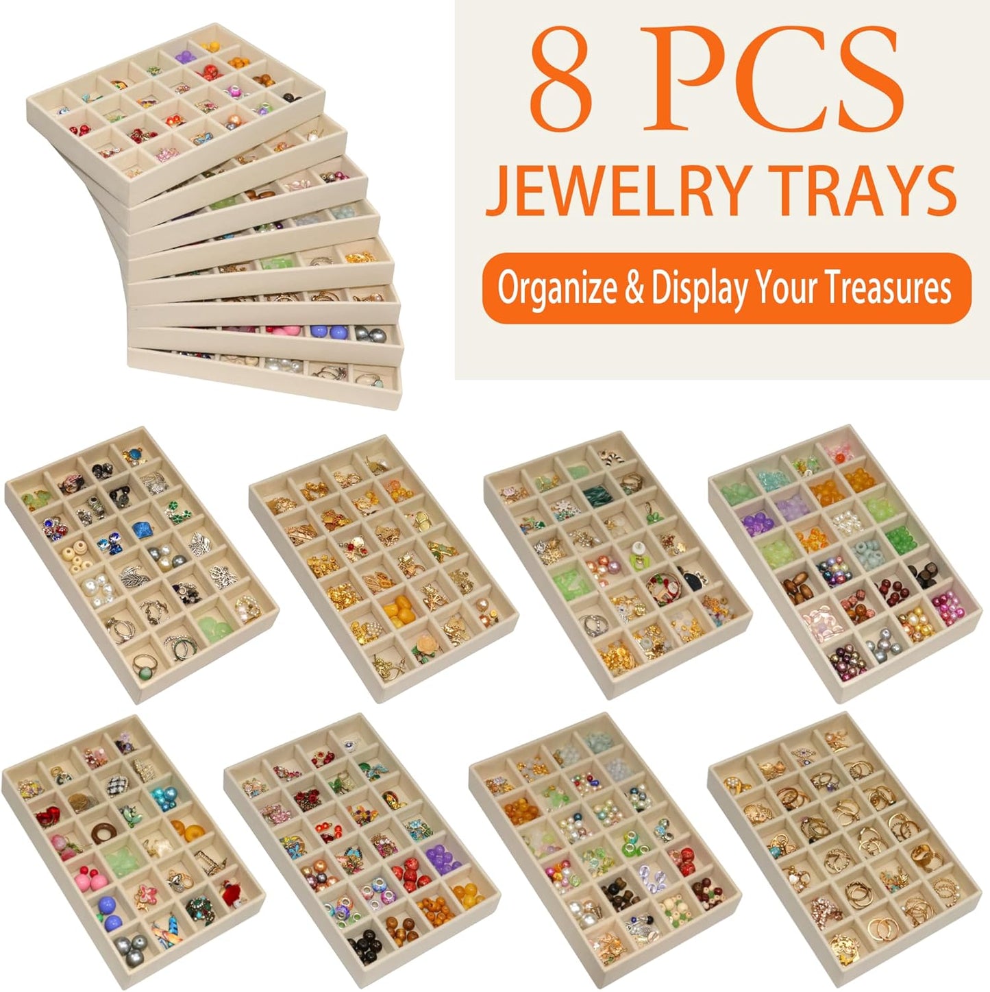 24 Grid Stackable Jewelry Organizer Tray Velvet Jewelry Drawer Inserts Earring Organizer for Women Jewelry Display Box Case for Earring Rings Stud Necklaces (Set of 8, Beige