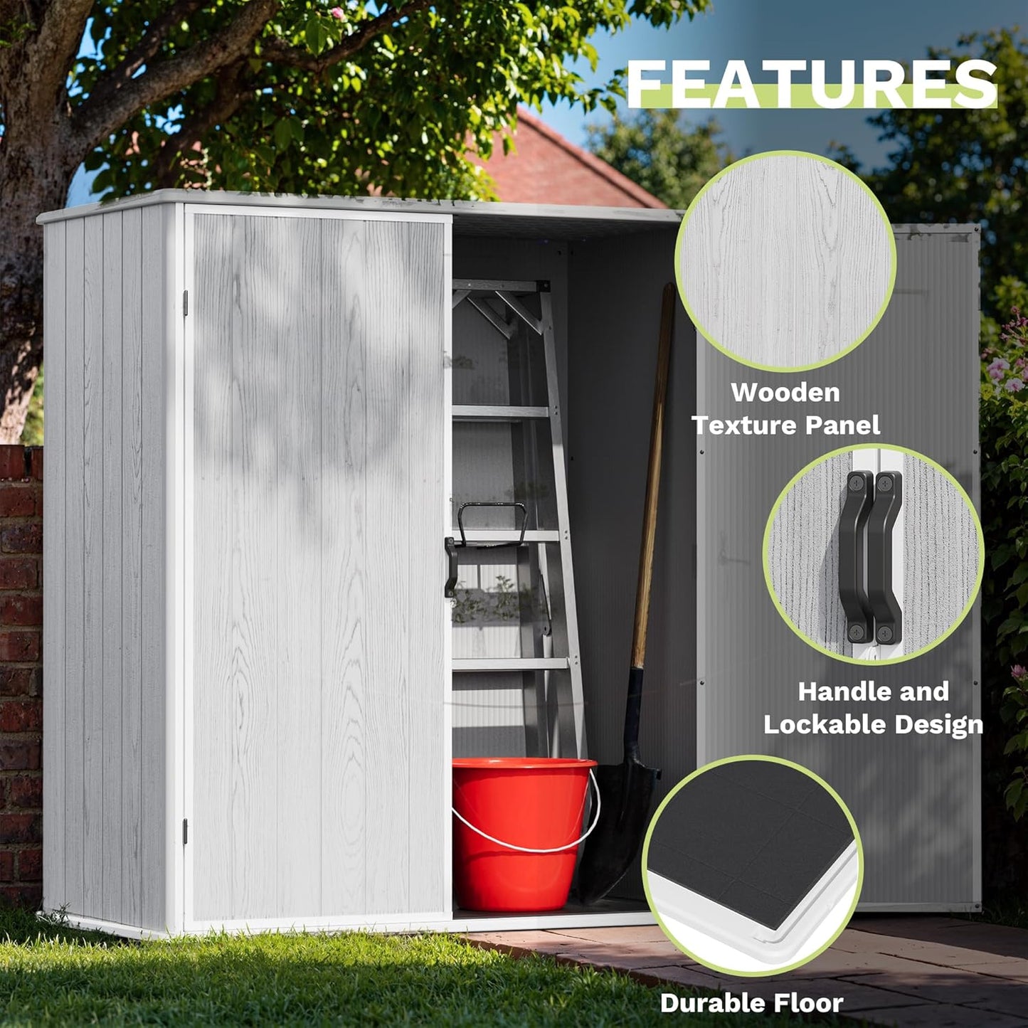 Devoko 5 x 3 Resin Outdoor Storage Shed with Floor - Waterproof Plastic Outdoor Tool Cabinet with Lockable Doors for Patio Furniture, Pool Accessories, Garden Tools (Light Gray)