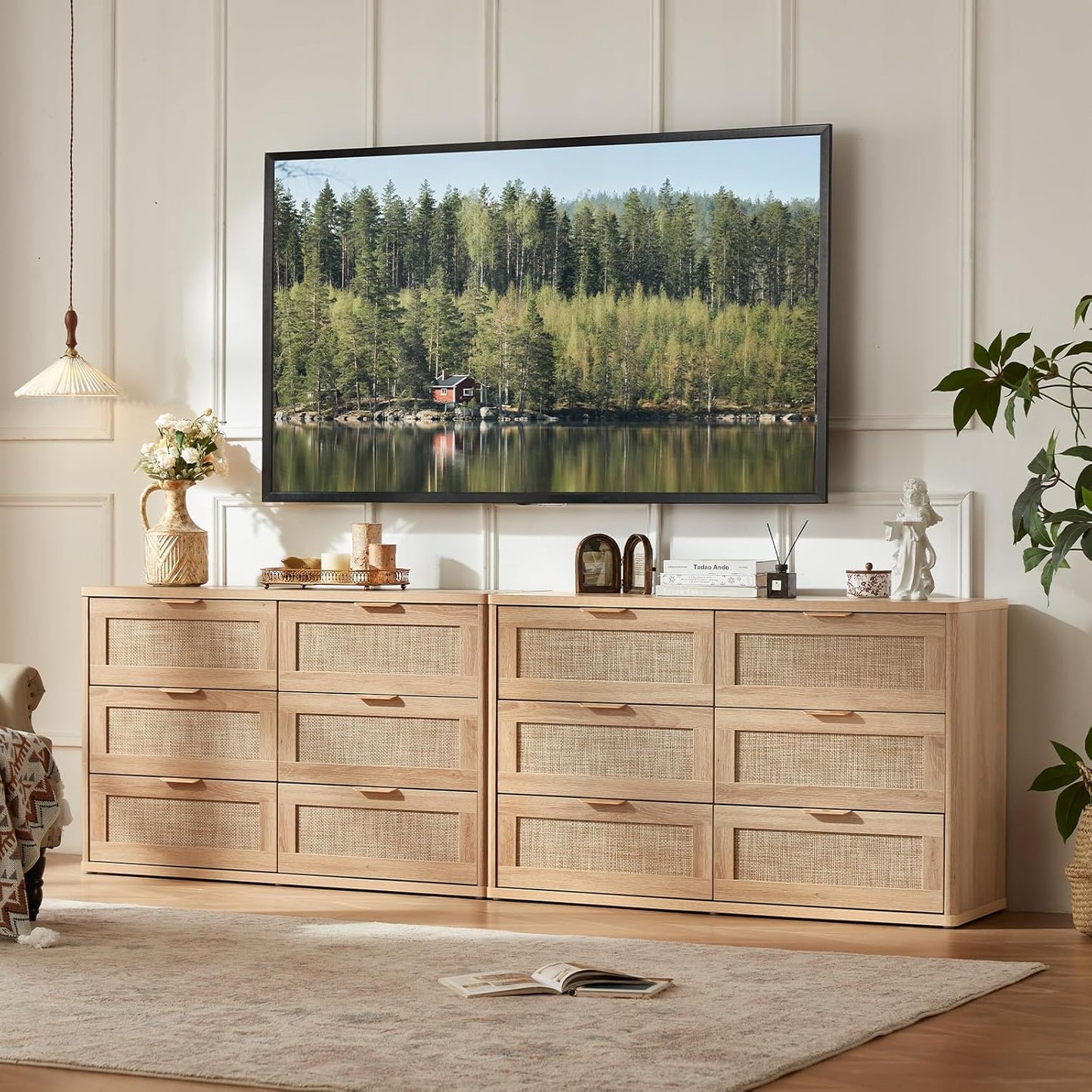 LEYAOYAO Rattan Dresser for Bedroom Set of 2, Boho 48" Wide 6 Drawer Dresser Chest of Drawers, Natural Wood Dressers TV Stand with Metal Handle, Storage Dressers Organizer for Living Room, Hallway