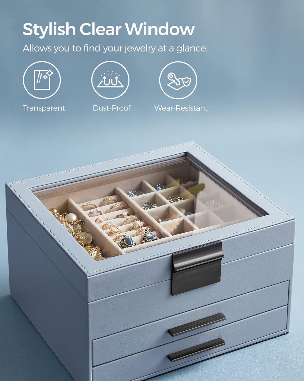 SONGMICS Jewelry Box Organizer with Glass Lid, 3-Layer Jewelry Storage, with 2 Drawers, Modern Style, Christmas Gift, 8 x 9.1 x 5.3 Inches, Smoky Blue and Silver UJBC239BU