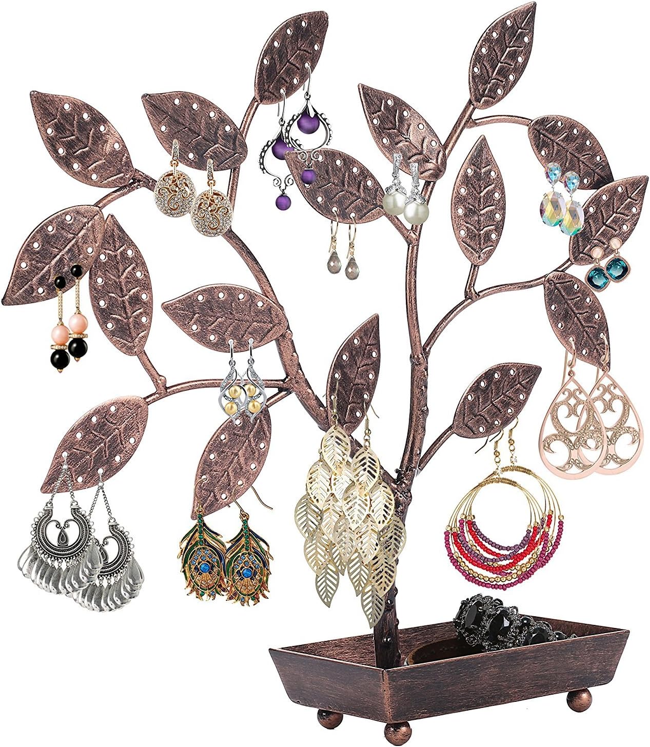 MyGift Jewelry Tree w/Bird Nest 48 pair Earrings Holder, Bracelets/Necklace Organizer Stand (Bronze Metal)