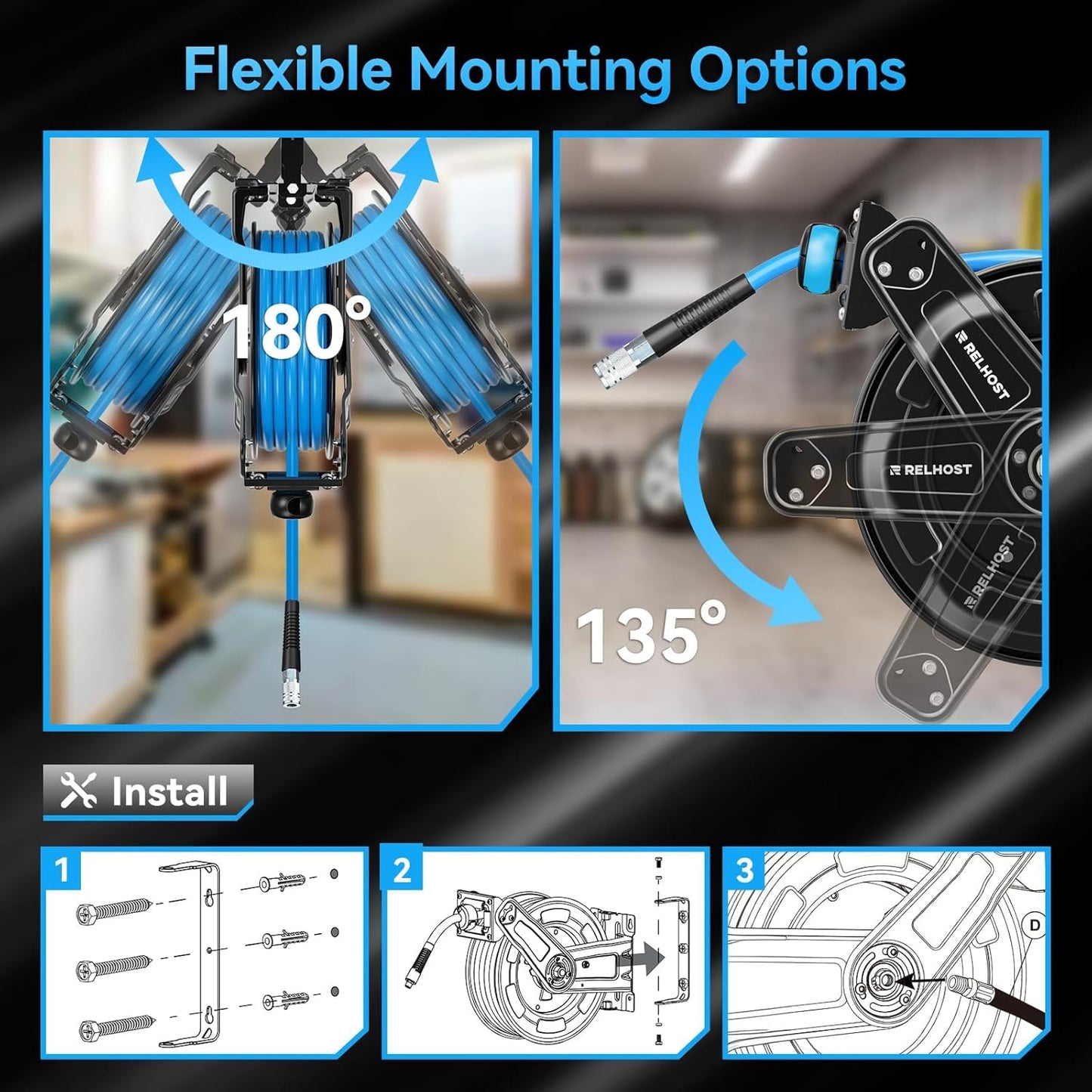 Retractable Air Hose Reel Dual Arms, 50 ft x 3/8 in Hybrid Air Hose (300PSI), Heavy Duty Compressor Hose Reel, Auto Rewind & 180° Swivel - Wall/Ceiling Mount for Workshops