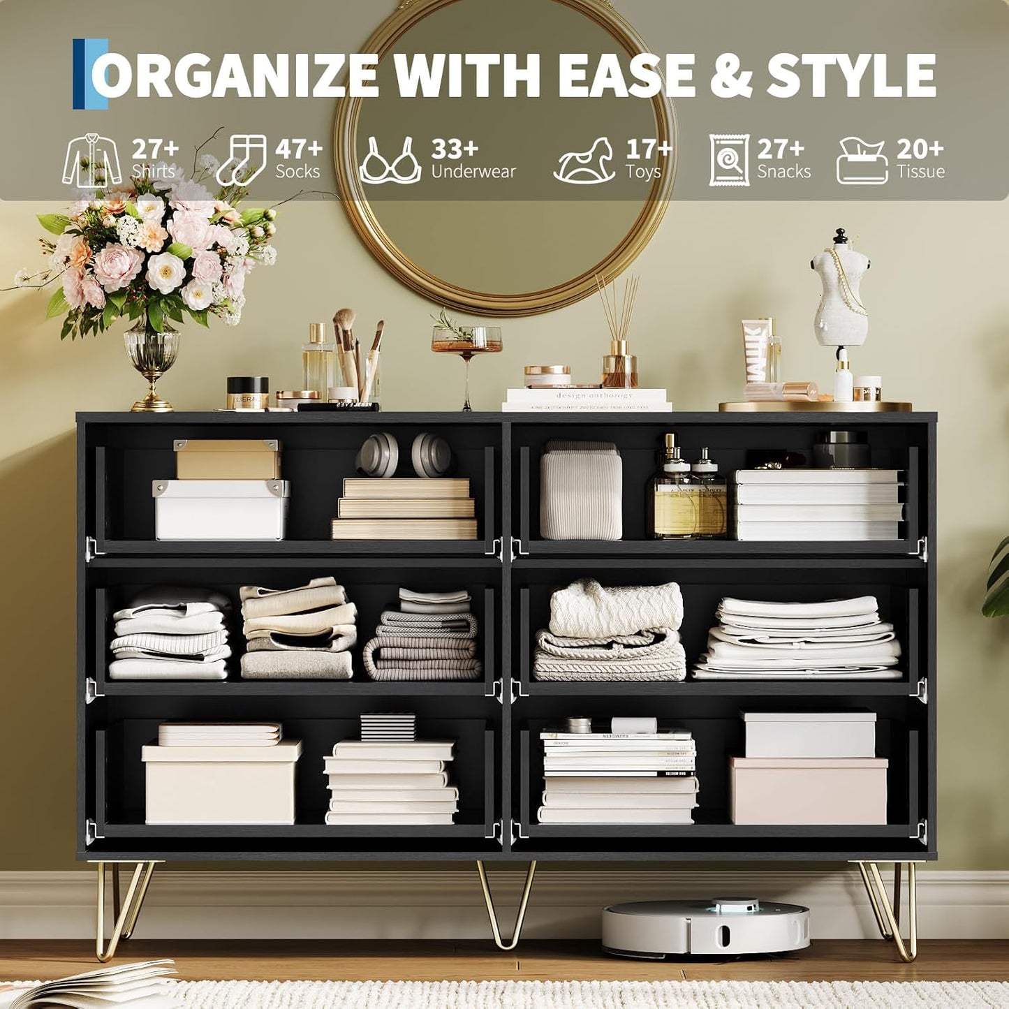Garvee Fluted Dresser for Bedroom with 6 Drawers,47" Wide Modern Chest of Wooden Bedroom Chest with Metal Handle,Clothes Storage Organizer,Closet Dresser & TV Stand for Living Room,Hallway,6&Black