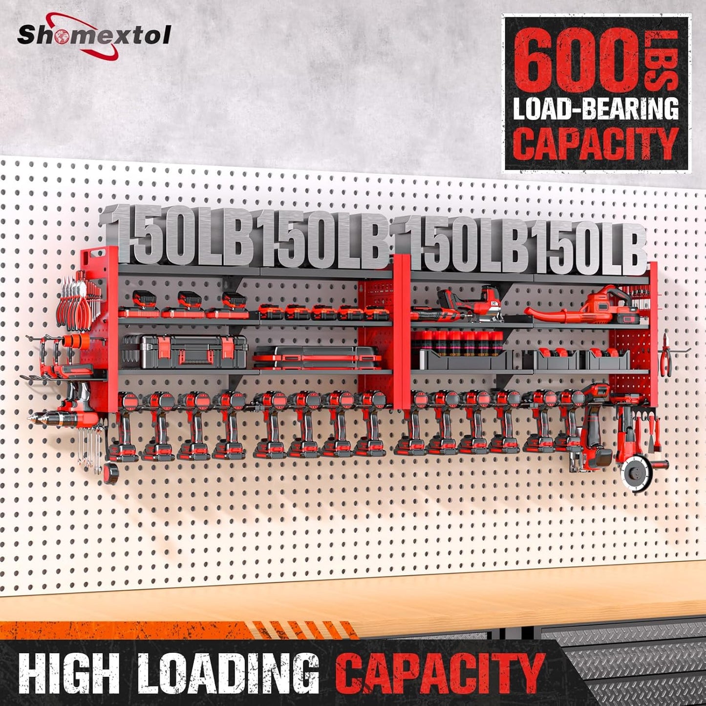66" W Super Large Power Tool Organizer Wall Mount,Heavy Duty Cordless Tool Organizer with 18 Drill Holder,600 Lbs Capacity 4-Layer Garage Organization for Garage and Workshop (Red)