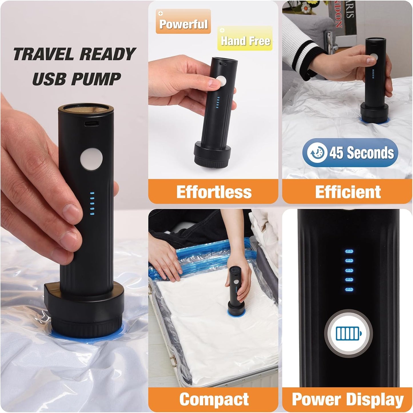 12 Pack Travel Vacuum Storage Bags with Rechargeable Wireless Electric Pump, Travel Packing Bags for Luggage and Suitcase, Carry-on Size Compression Space Saver for Clothes and Clothing