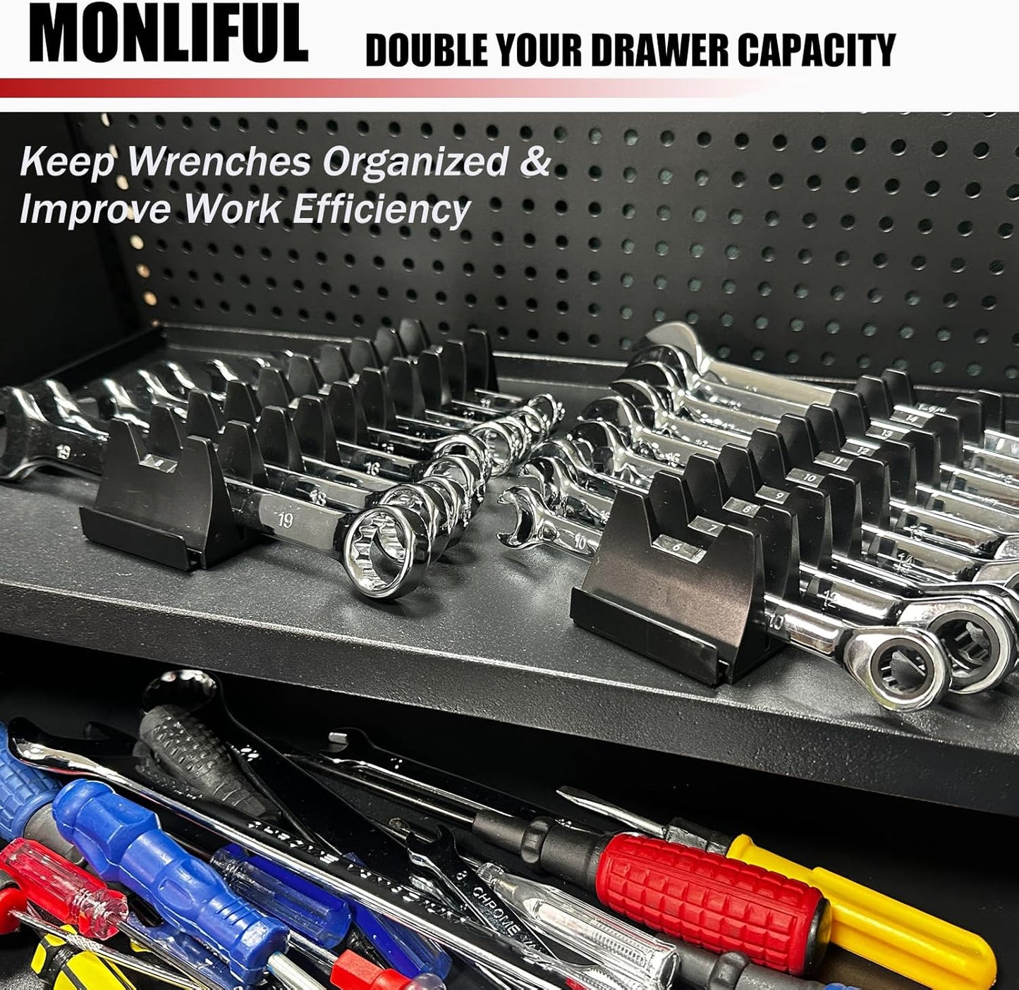 48PCS Magnetic Modular Wrench Organizer Wrench Holder - Wrenchs Tool Organizers for Tool Drawer Storage, Wrenchs Rack with Metric SAE Labels, Tool Storage Set Holder Festival for Mechanics