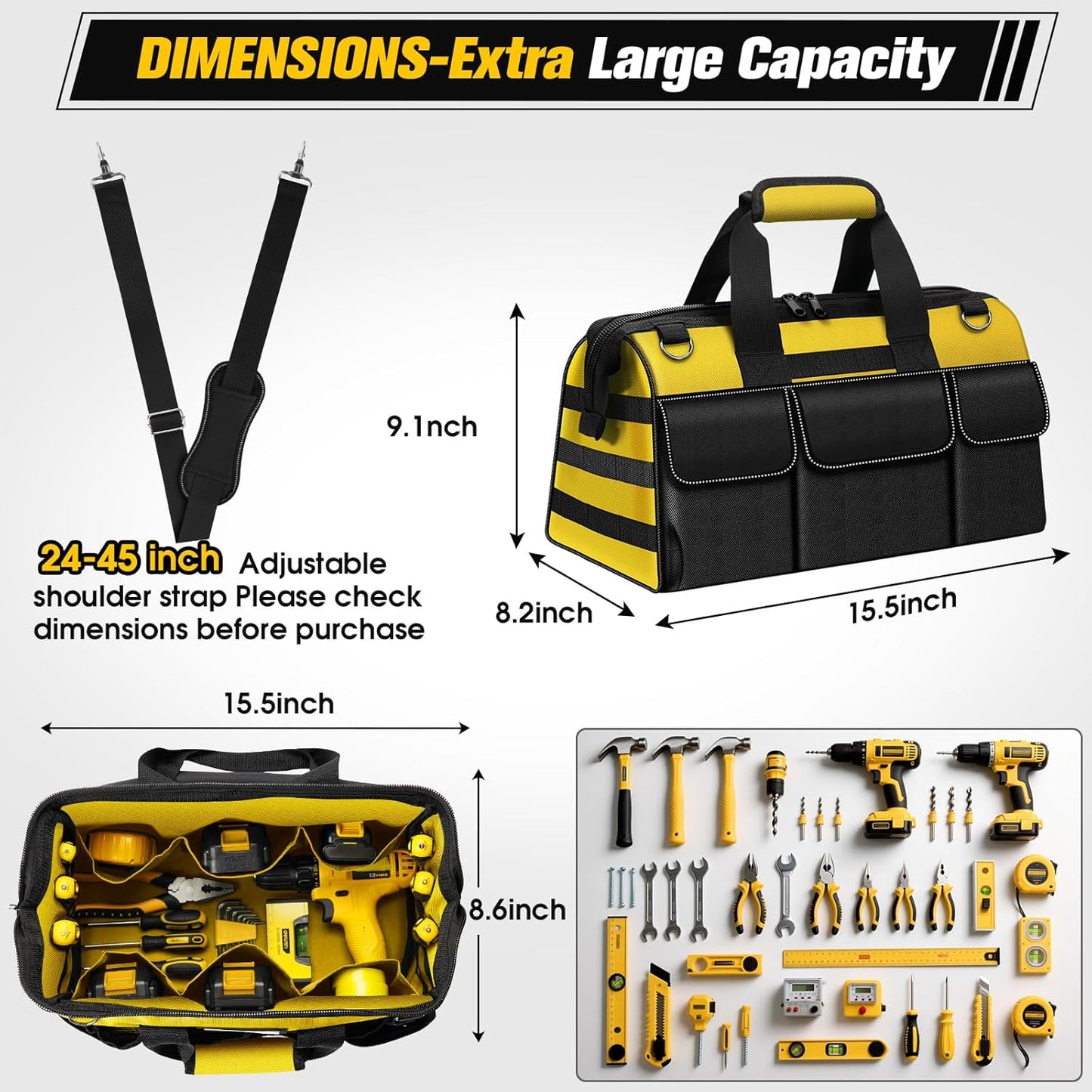 16-Inch Heavy Duty Tool Bag, 19-Pockets Tool Box Organizer, Portable Toolbag W/Soft Handle, Organized Storage, Mechanic Gifts for Men Dad Husband Him Christmas, Wide Mouth Toolbox Organization, Yellow