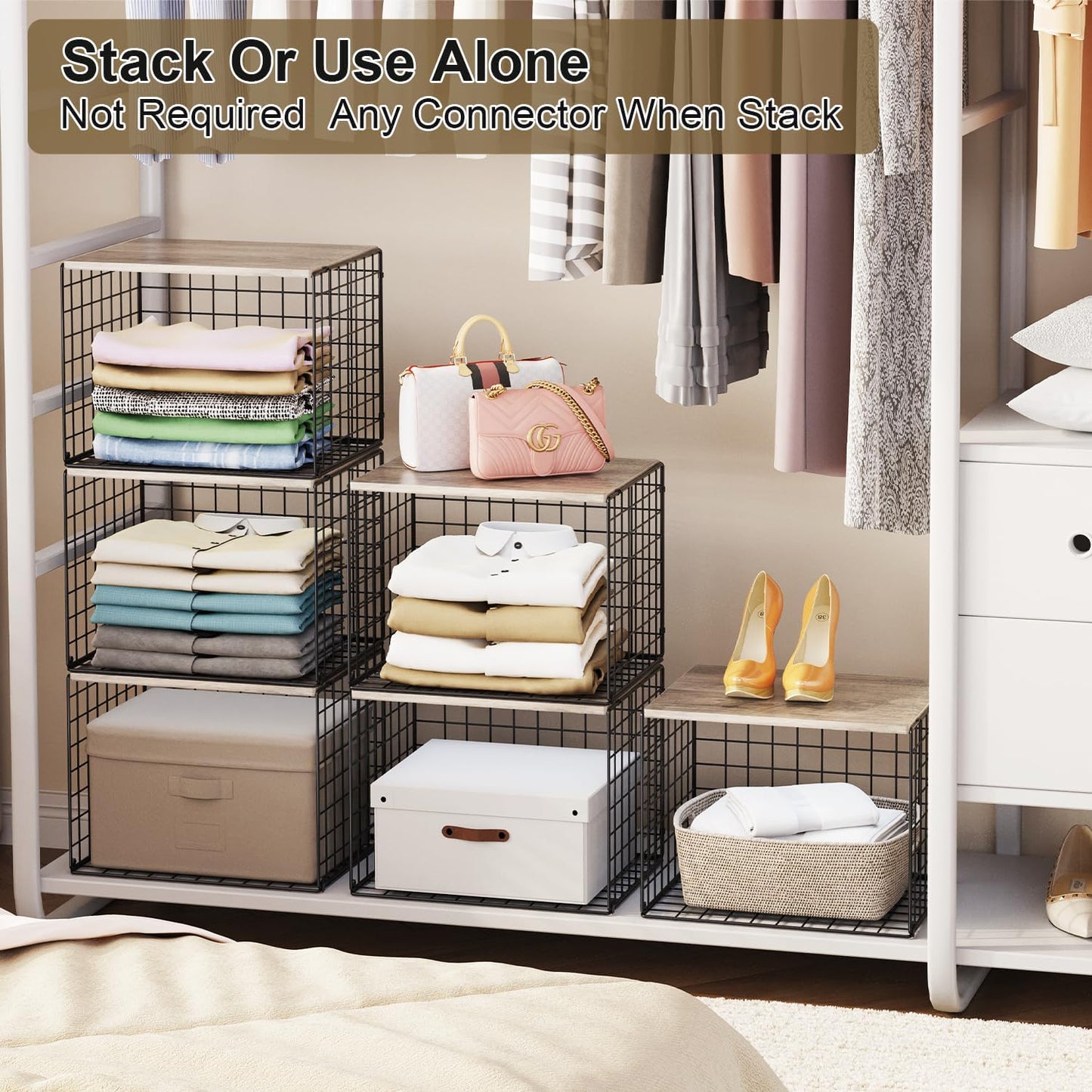 4PCS Wider Closet Organizers and Storage, Stackable Closet Shelf Organizer Storage Bins with Wood Top for Sweaters Jeans, Clothes Organizer Shelves for Wardrobe System Rack, Space-Saving,Sturdy Metal