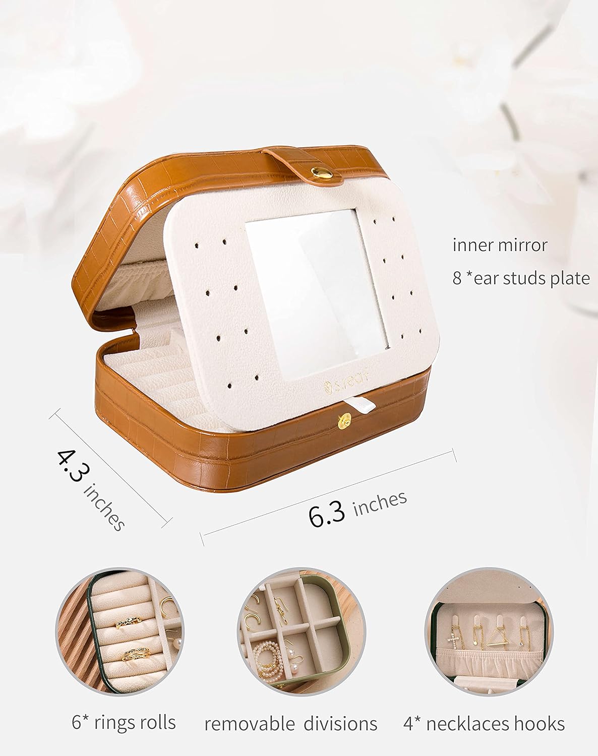 S.Leaf Travel Jewelry Organizer Boxes for Women Small Portable Necklace Earrings Bracelet Rings Travel Case Best Friend Birthday Gifts for Women Trendy (16_Crocodile_Brown_Big)