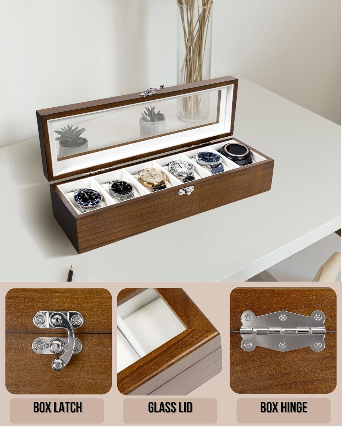 Watch Box, Watch Case for Men Women with Large Glass Lid, Wooden Watch Display Storage Box with 6 - Slots, Rustic Brown Mens Watch Box Organizer