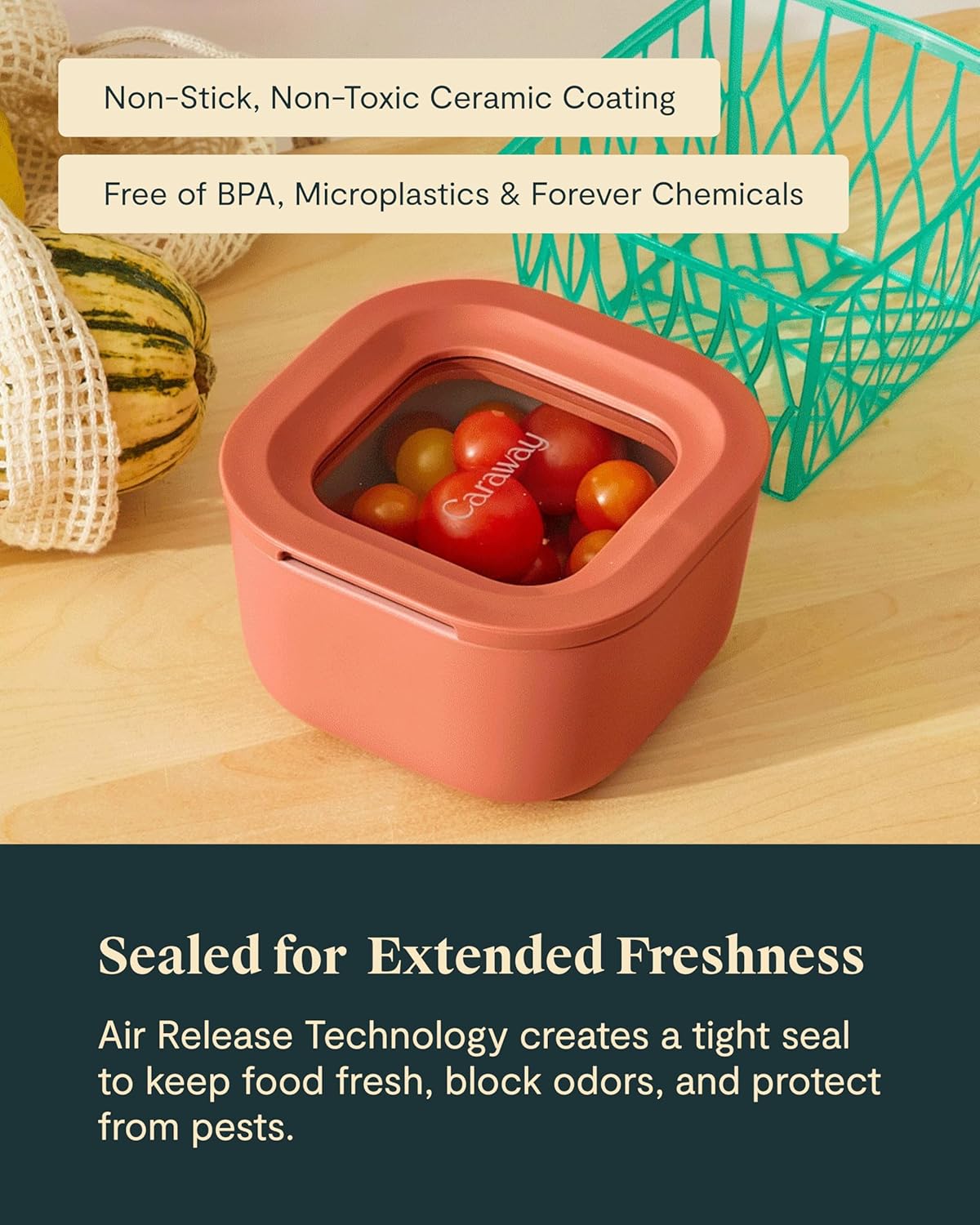 Caraway Mini Square Food Storage Container - 1.75 Cup Glass Storage Container for Food - Non-Toxic Ceramic-Coated Glass - Air Release Technology - Compact & Stackable Design - Gray