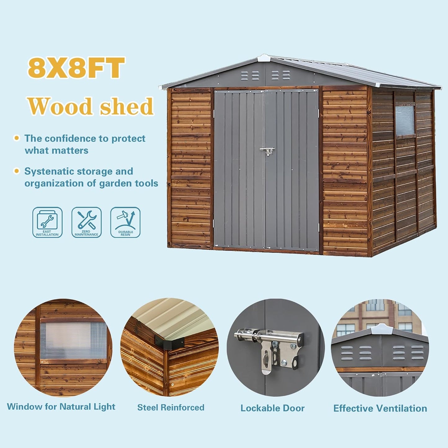 Shed 8' x 8' Storage Shed, 8x8 FT Wood Sheds & Outdoor Storage Clearance, Utility and Tool Garden Shed, Waterproof Storage Shed Large with Lockable Doors for Backyard, Patio, Outside