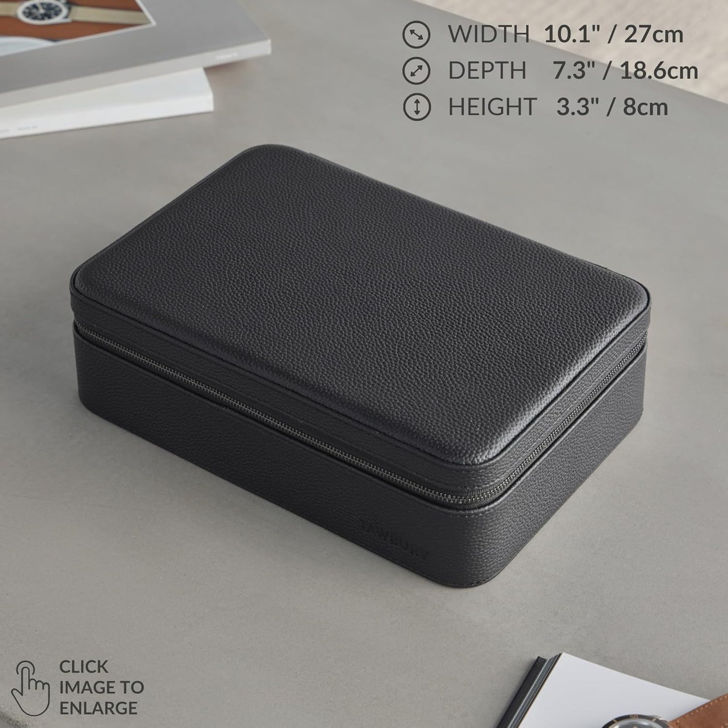 TAWBURY Watch Case - 8 Slot Genuine Top-Grain Leather Watch Box for Men & Women with Extra Wide Pillows for Large Watches - Portable Wristwatch Storage for Home & Travel (Black)