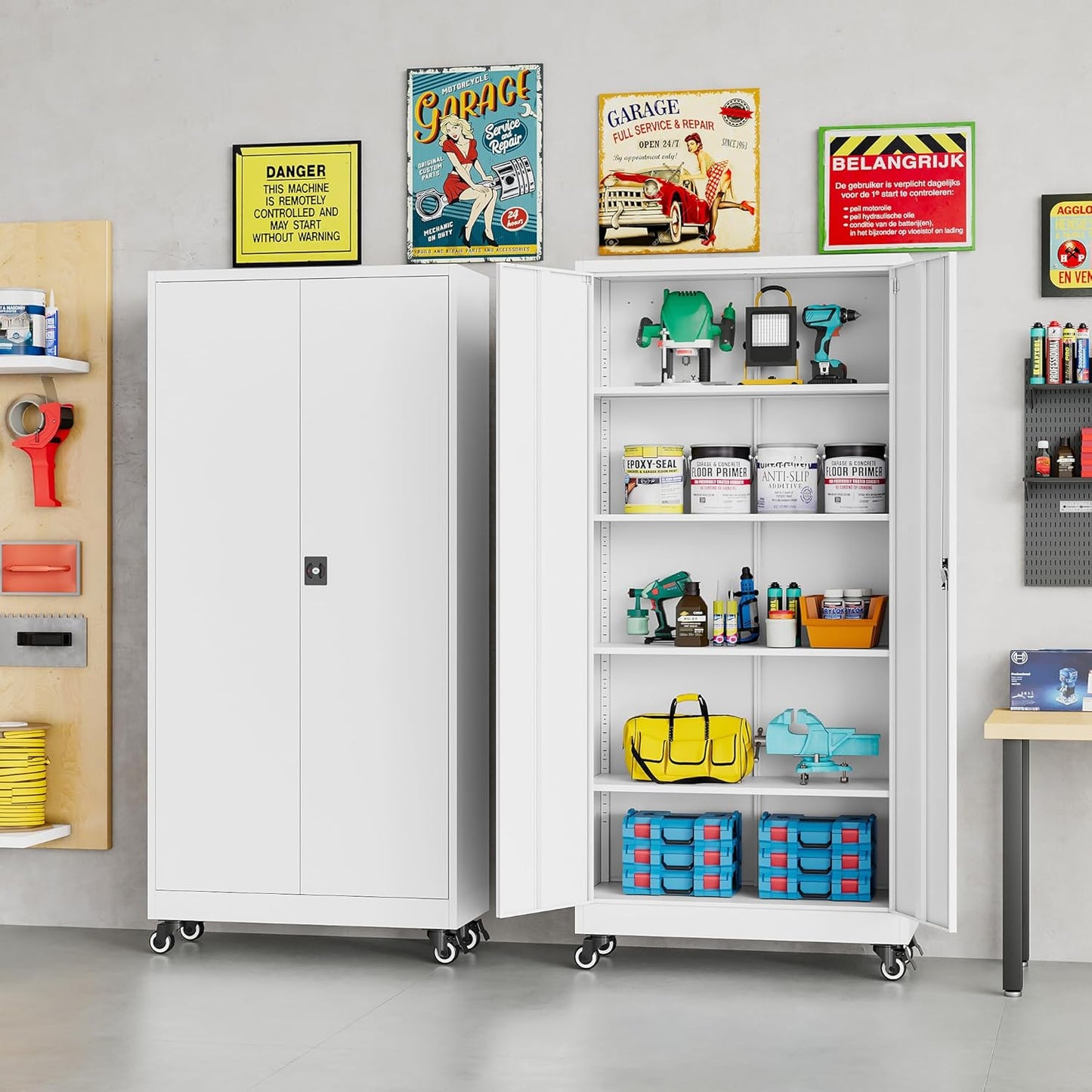 SISESOL 75" Tall Metal Storage Cabinet with Wheels,Rolling Garage Storage Cabinet with Lock,White Metal Cabinets with Wheels and Shelves,Tool Cabinets on Roller for Garage,Home,Office,Shop