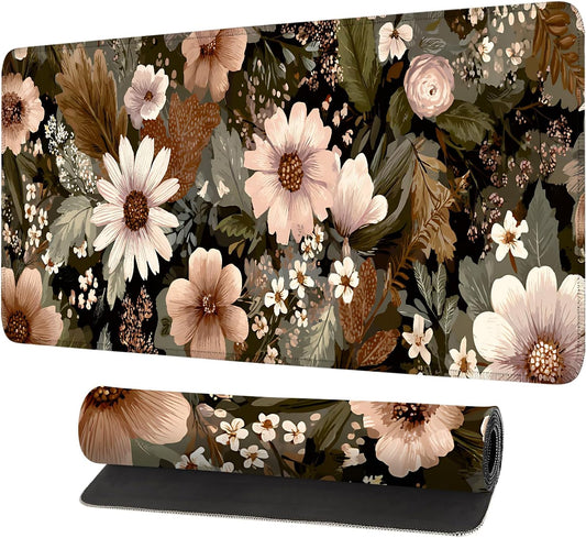 Vintage Beige Floral Mouse Pad – Large Extended Desk Mat 31.5 x 11.8 in– Neutral Retro Botanical Design, Non-Slip Rubber Base, Waterproof Surface, Oversized Keyboard & Mouse Pad for Office or Home
