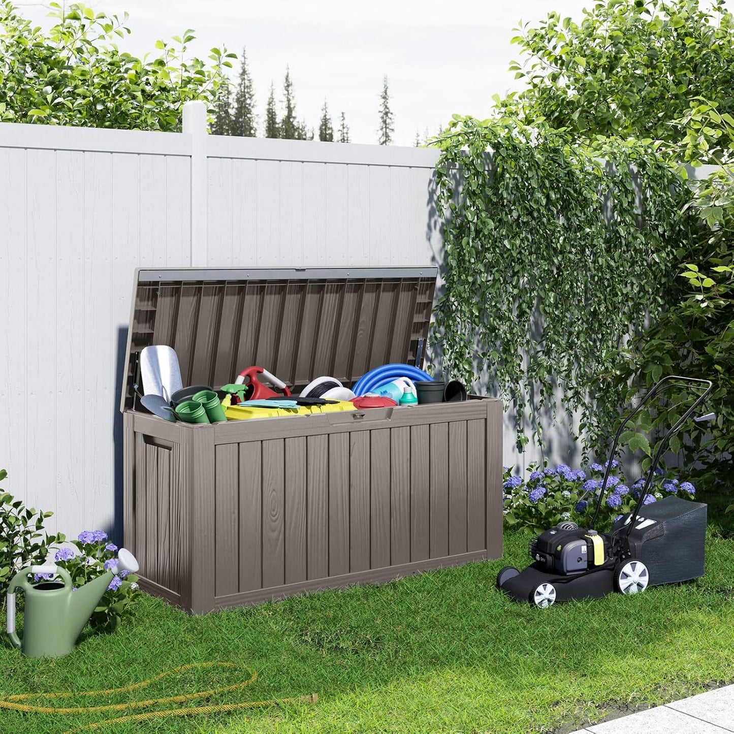 90 Gallon Resin Deck Box, Lockable Patio Outdoor Storage Box for Furniture, Garden Tools and Tools Storage, Waterproof Outside Storage Boxes - Grey