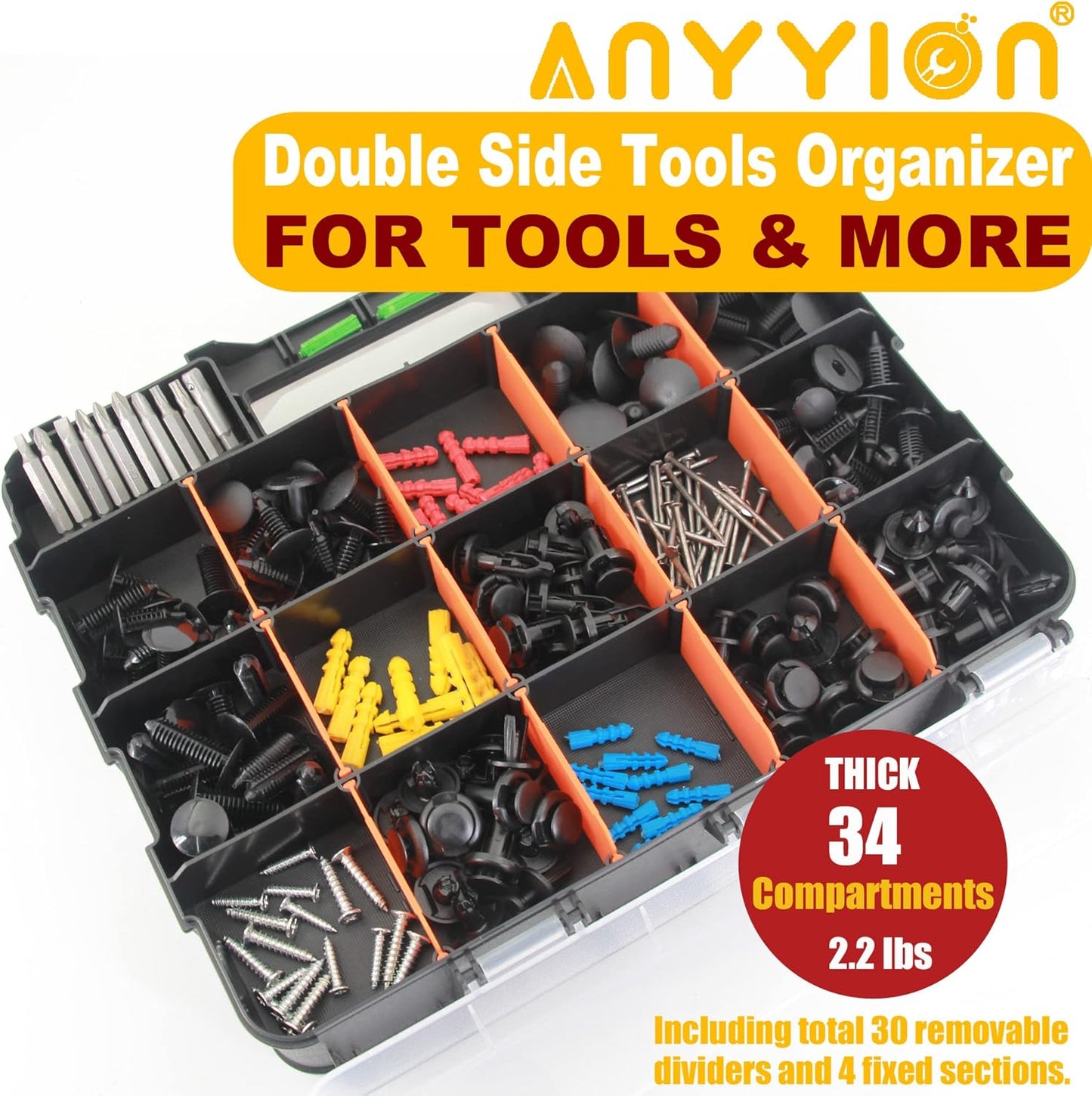 Anyyion Small Parts Organizer, 34-Compartments Double Side parts organizer with Removable Dividers for Hardware, Screws, Bolts, Nails, Beads, Jewelry. (2 Pcs, Orange)