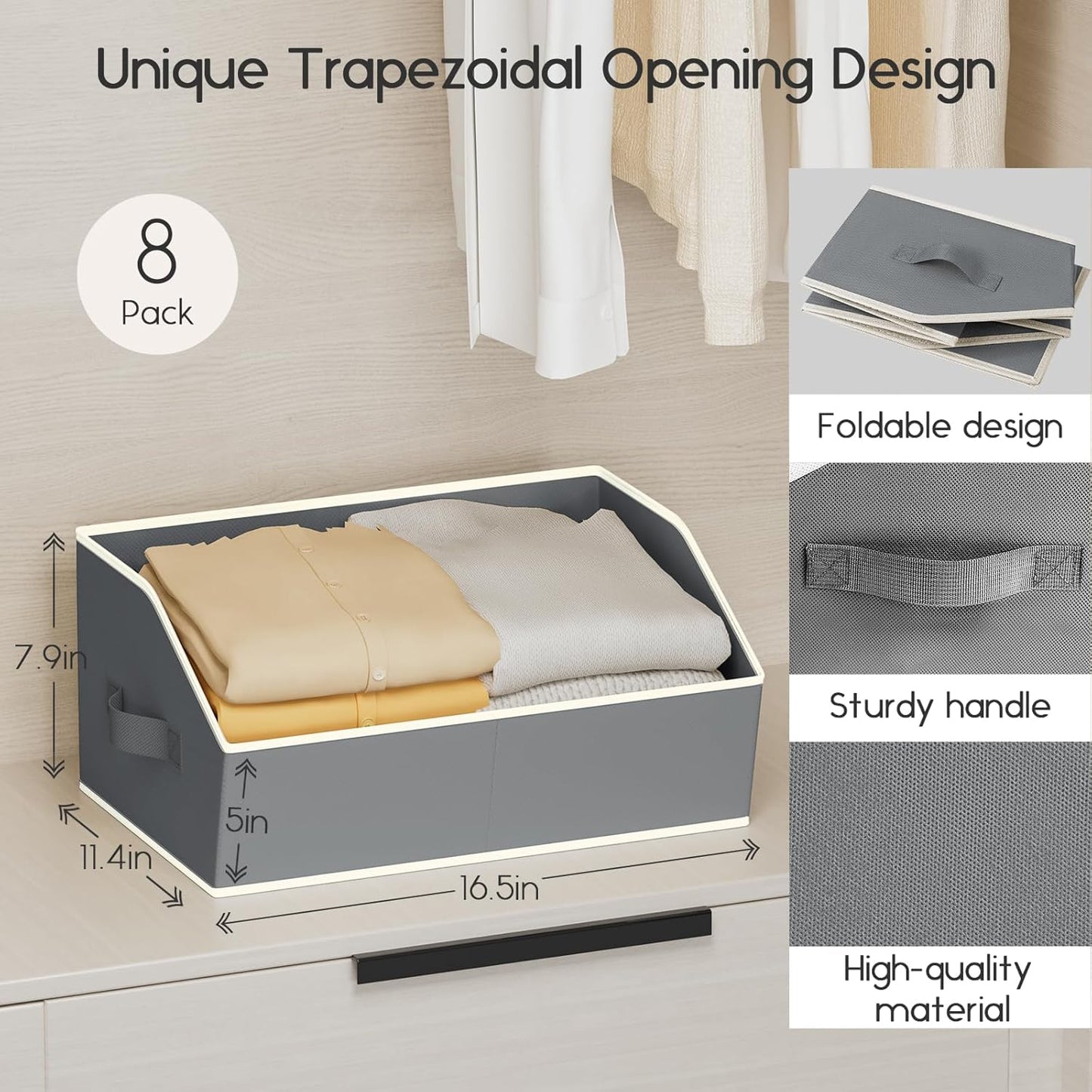 Large Closet Organizers and Storage Bins - 8 Pack Trapezoid Storage Baskets for Shelves, Foldable Fabric Baskets with Handles Ideal for Closet, Basket, Wardrobe and Shelf Storage, Grey