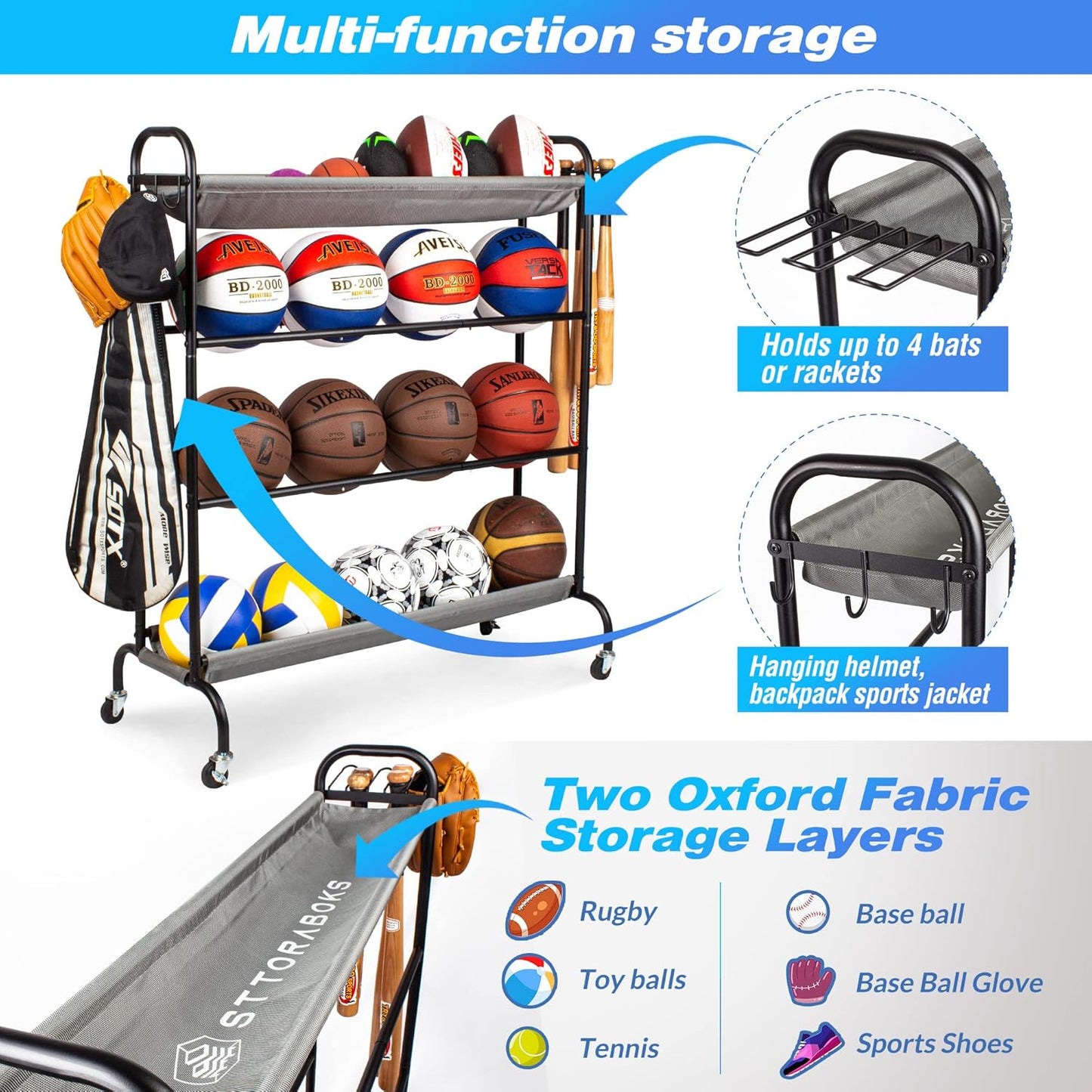 Basketball Rack, 4-Layer Ball Rack Rolling Balls Organizer with Baseball Bat Holder & Hooks Sport Equipment Storage Cart with Wheels for Football, Volleyball, Soccer