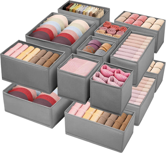 Drawer Clothing Organizer 16-Pack, Grey 3 Sizes Underwear Drawer Dividers, Fabric Folding Wardrobe Organizer, Can Store Baby Clothes, Bras, Underwear, Panties, Belts, Socks, Ties, etc.