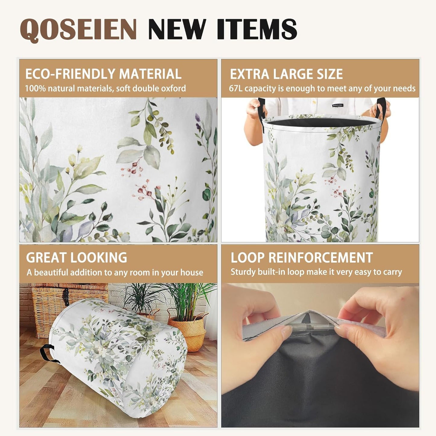 Laundry Basket,Sage Eucalyptus Collapsible Laundry Baskets, Green Leaves Waterproof Hamper with Handles for Bathroom Bedroom Nursery Home Storage16"x20"