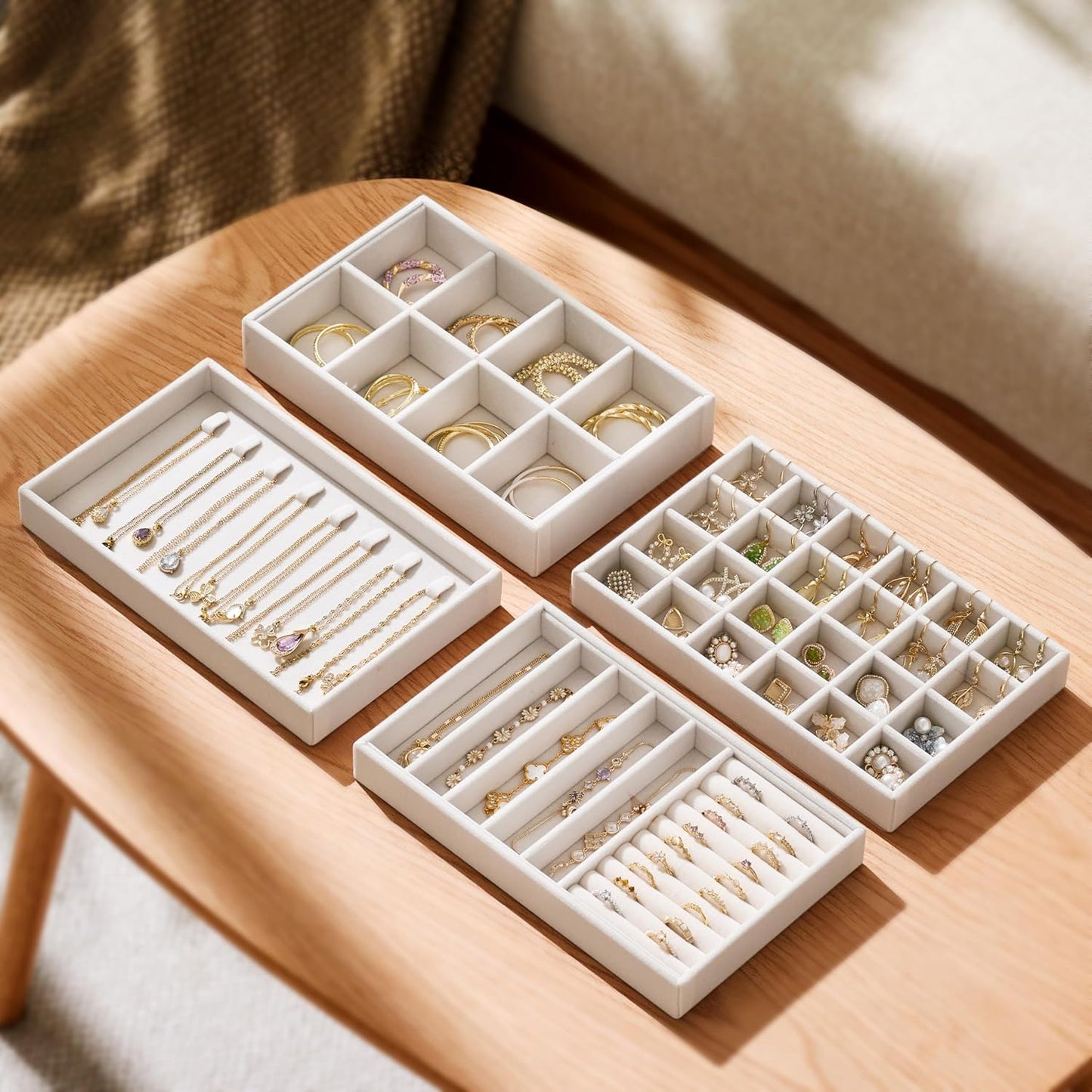 Velvet Jewelry Drawer Organizer Trays – Beige Stackable Jewelry Storage Inserts Set, 4-Layer Jewelry Tray Set for Earrings, Rings, Necklaces, Bracelets with Removable Dividers for Dresser & Vanity