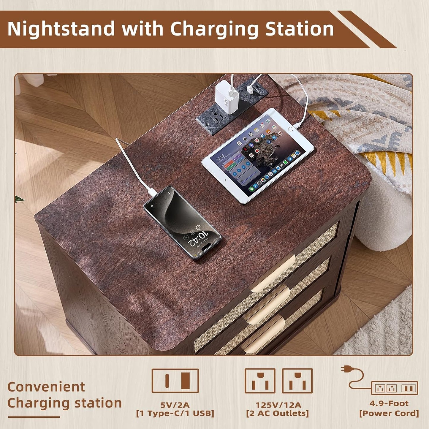 LEYAOYAO Rattan Night Stand with Charger Station, 23" Large 3 Drawer Boho Nightstand, Walnut Bedside Table Storage Cabinet, Bed Side End Tables for Bedroom, Living Room, Hallway