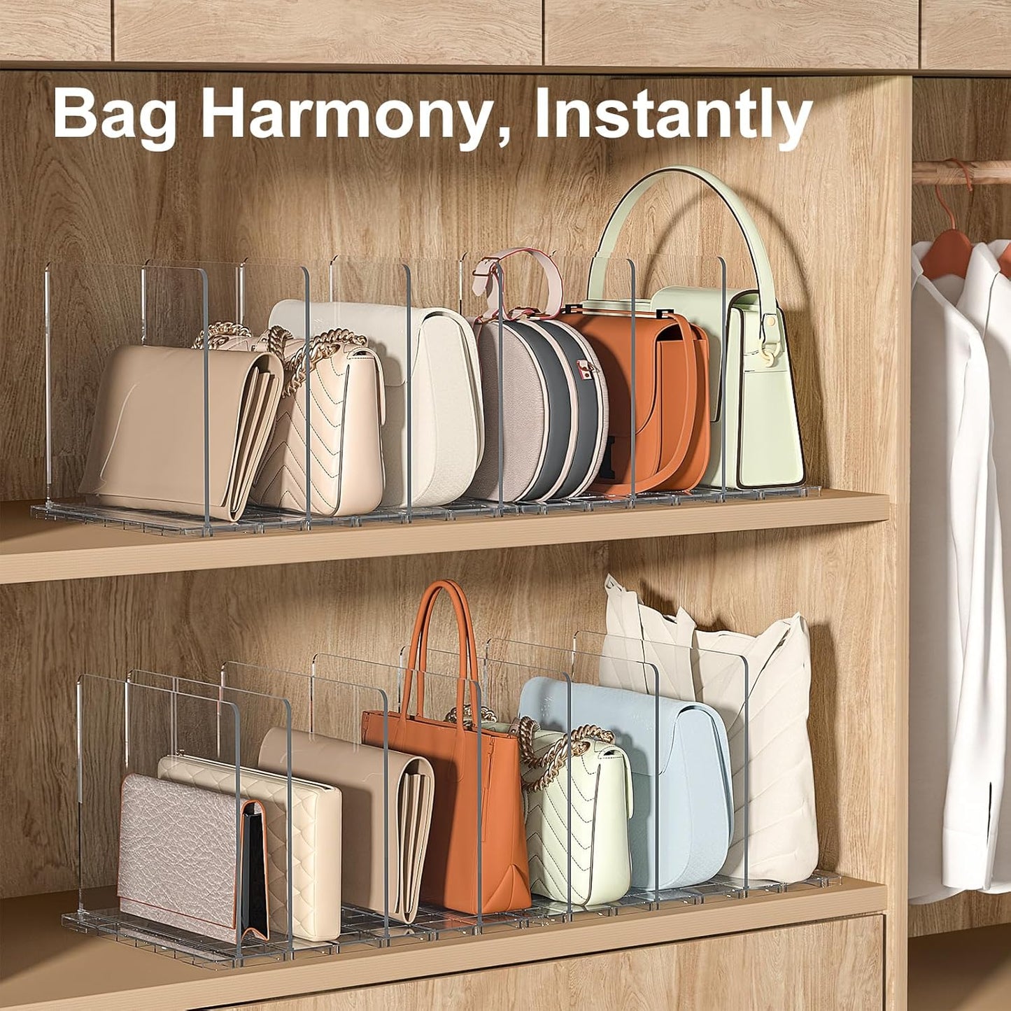 Bag & Purse Organizer for Closet: Adjustable Clear Handbag Storage Shelf - Plastic Clutch Dividers for Closet Organizers and Storage - Keep Carteras & Pocketbook Upright