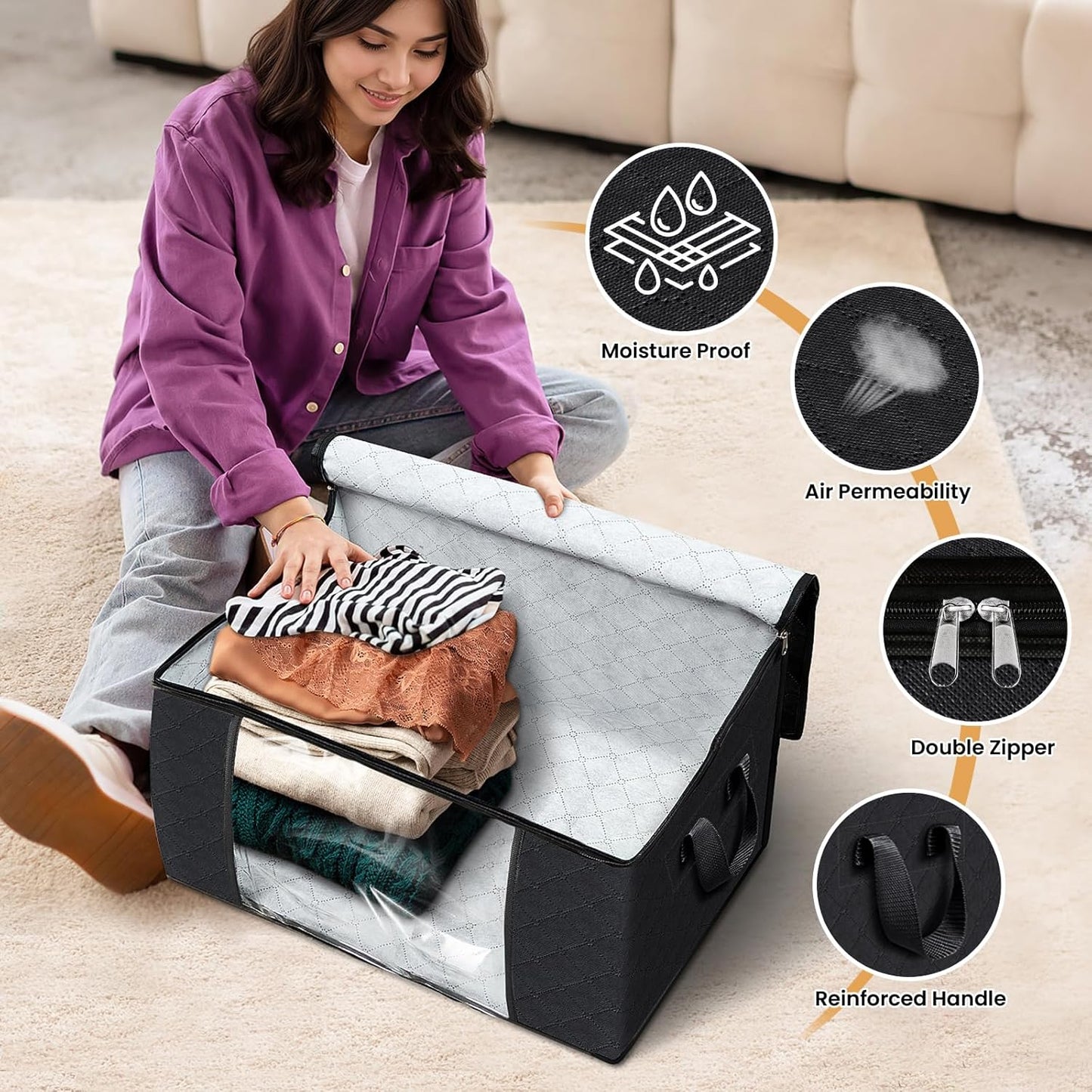 Fab totes Storage Bags,Clothes Blanket Storage Bins Foldable Closet Organizers with Reinforced Handle for Home Dorm Storage and Organization,Fabric Bags for Organizing Sheets,Clothing (Black,3 Pack)