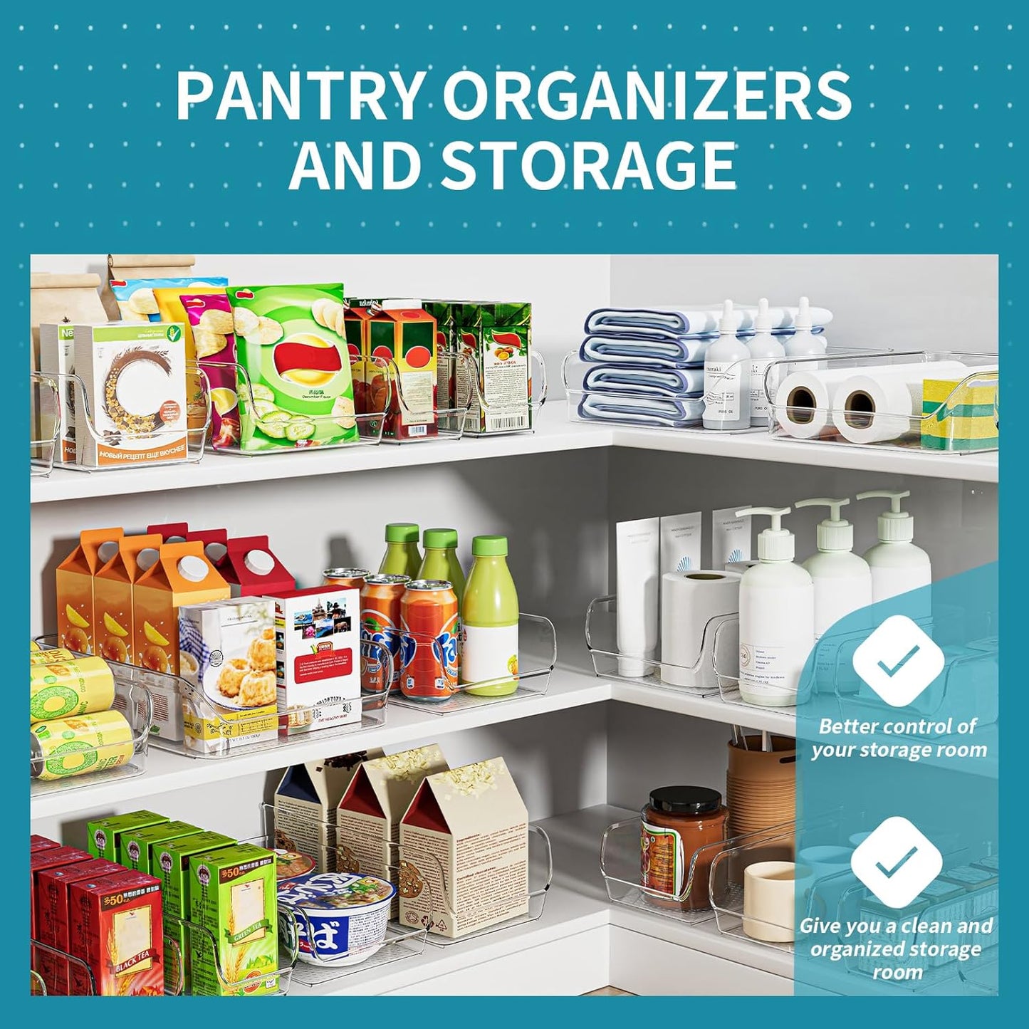Ettori Set of 8 Clear Organizing Bins for Total Home Organization - Multi-Purpose Storage Solution for Pantry, Closet, Bathroom, and Kitchen