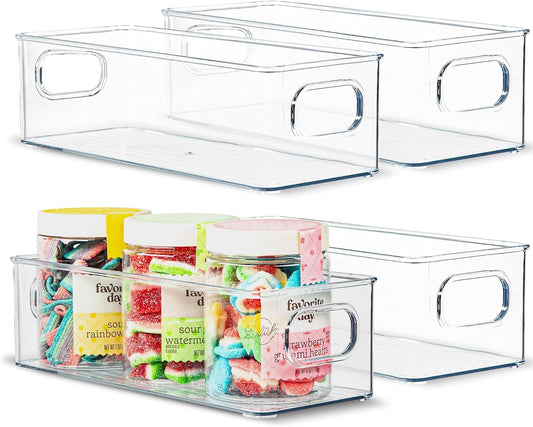 primebox Plastic Food Storage 4 Pack Clear Container Bin with Handles for Organizing Kitchen, Pantry, Fridge, Freezer, Pantry,Bathroom. Stackable. 10"x4"3"