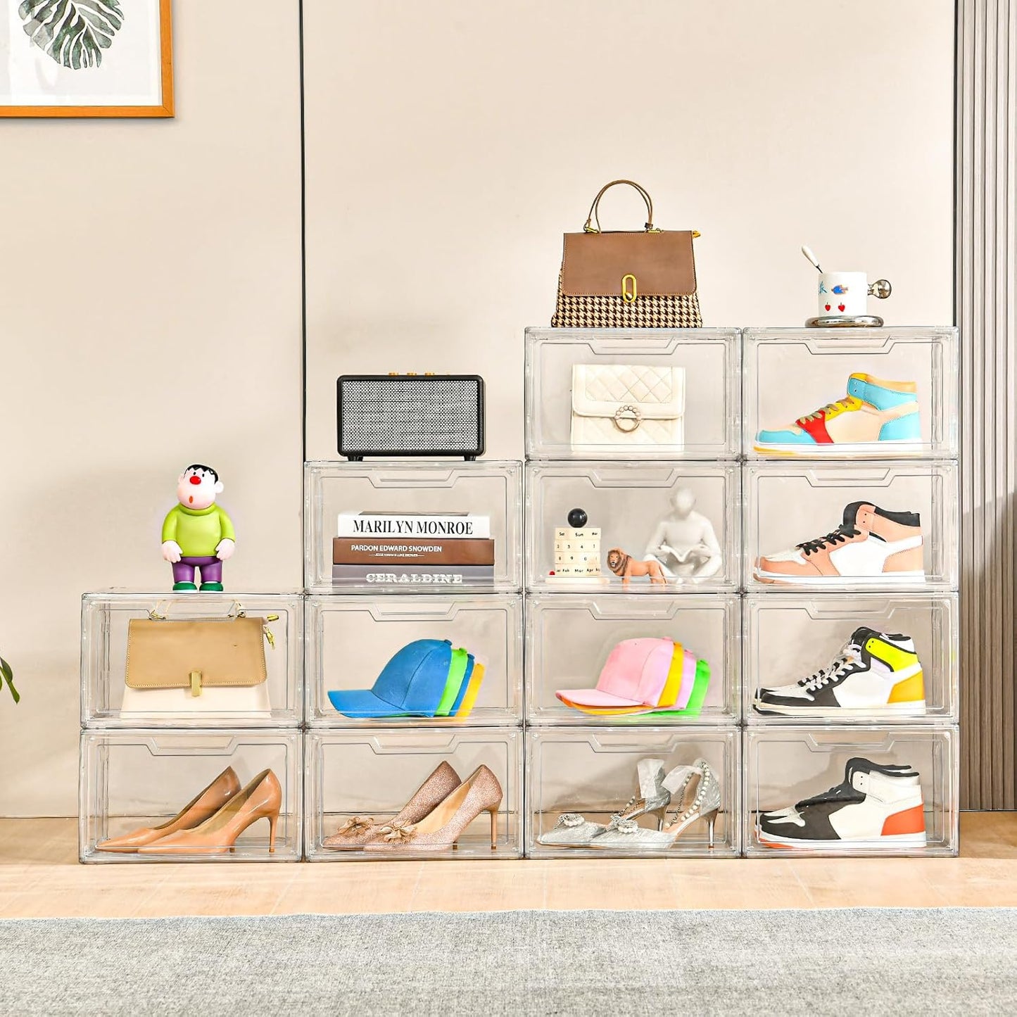 5 Pack Clear Stackable Shoe Organizer Box with Lids, Acrylic Shoes Box with Magnetic Doors, Transparent Shoe Storage Bins Closet Organizers, Shoes Containers For Sneaker Display, Fit up to US Size16